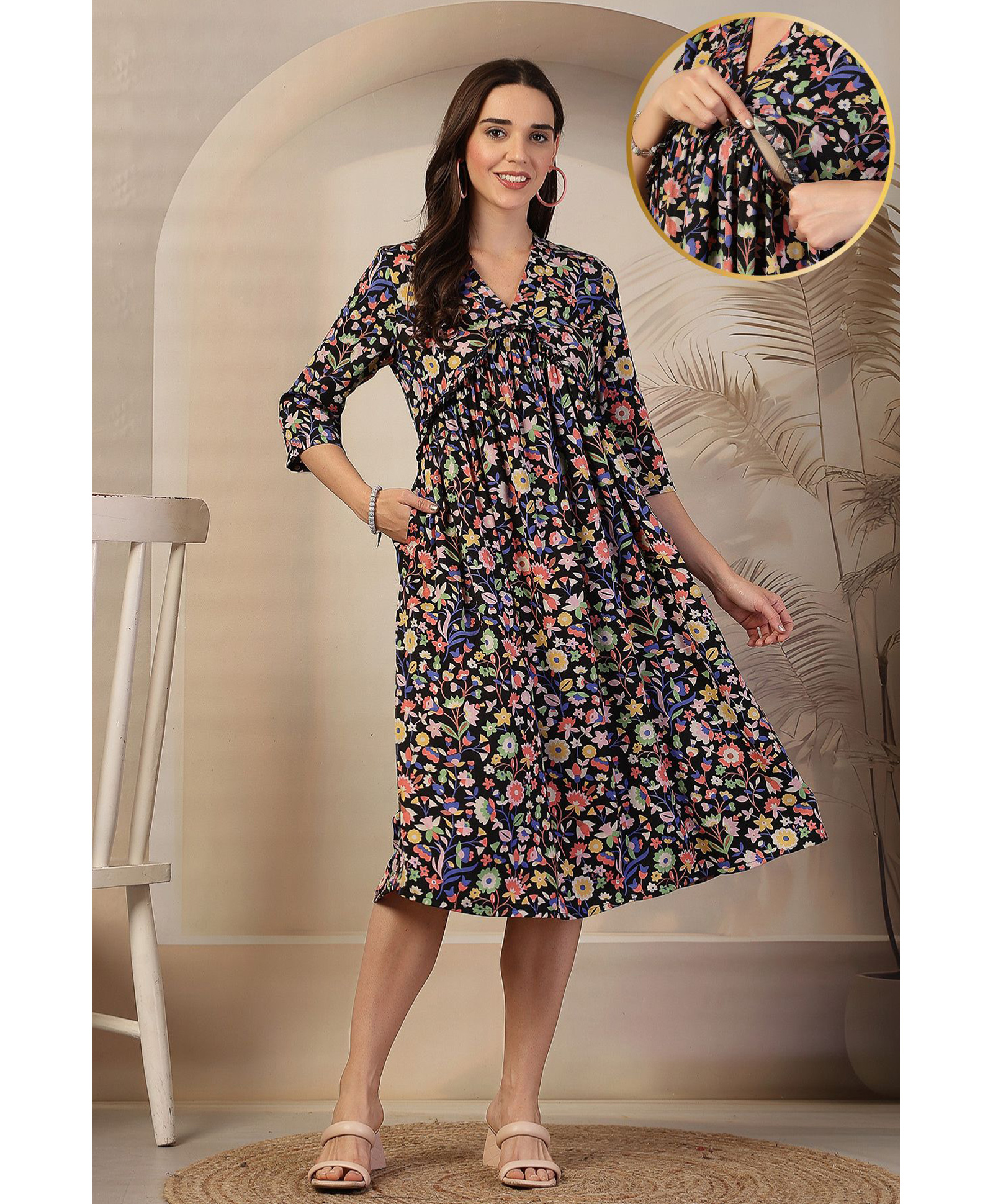 Zelena Woven Three Fourth Sleeves Floral Printed Maternity Dress With Side Zipper Nursing Access - Multi Colour-image-26