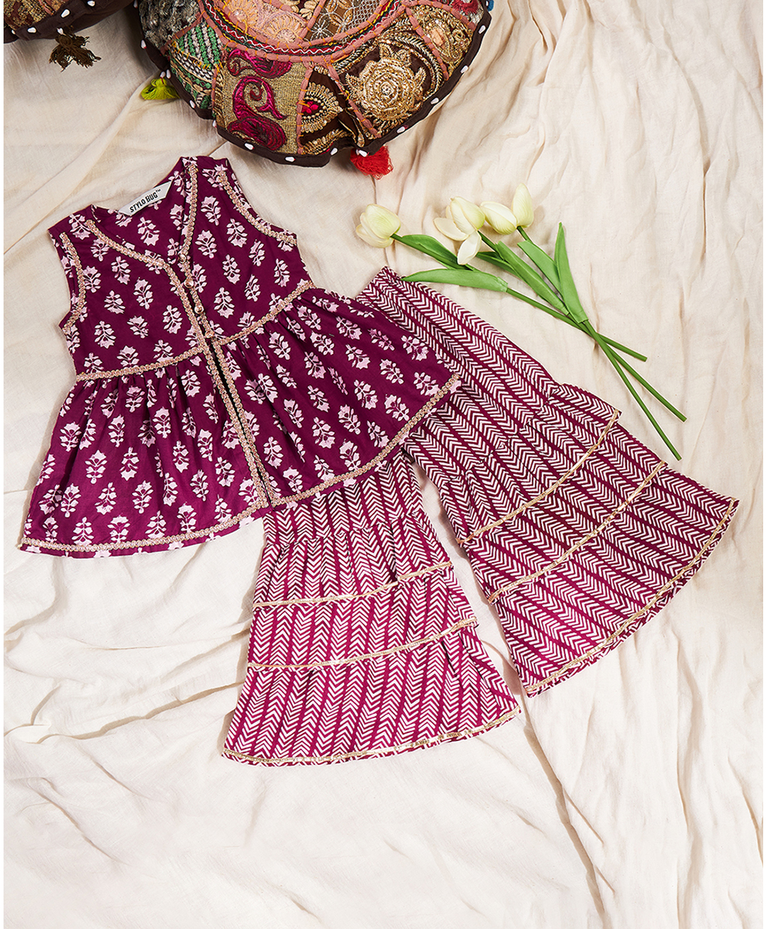 StyloBug Cotton Woven Sleeveless Floral Printed & Gota Lace Embellished Coordinating Kurti Sharara Set - Purple-image-32