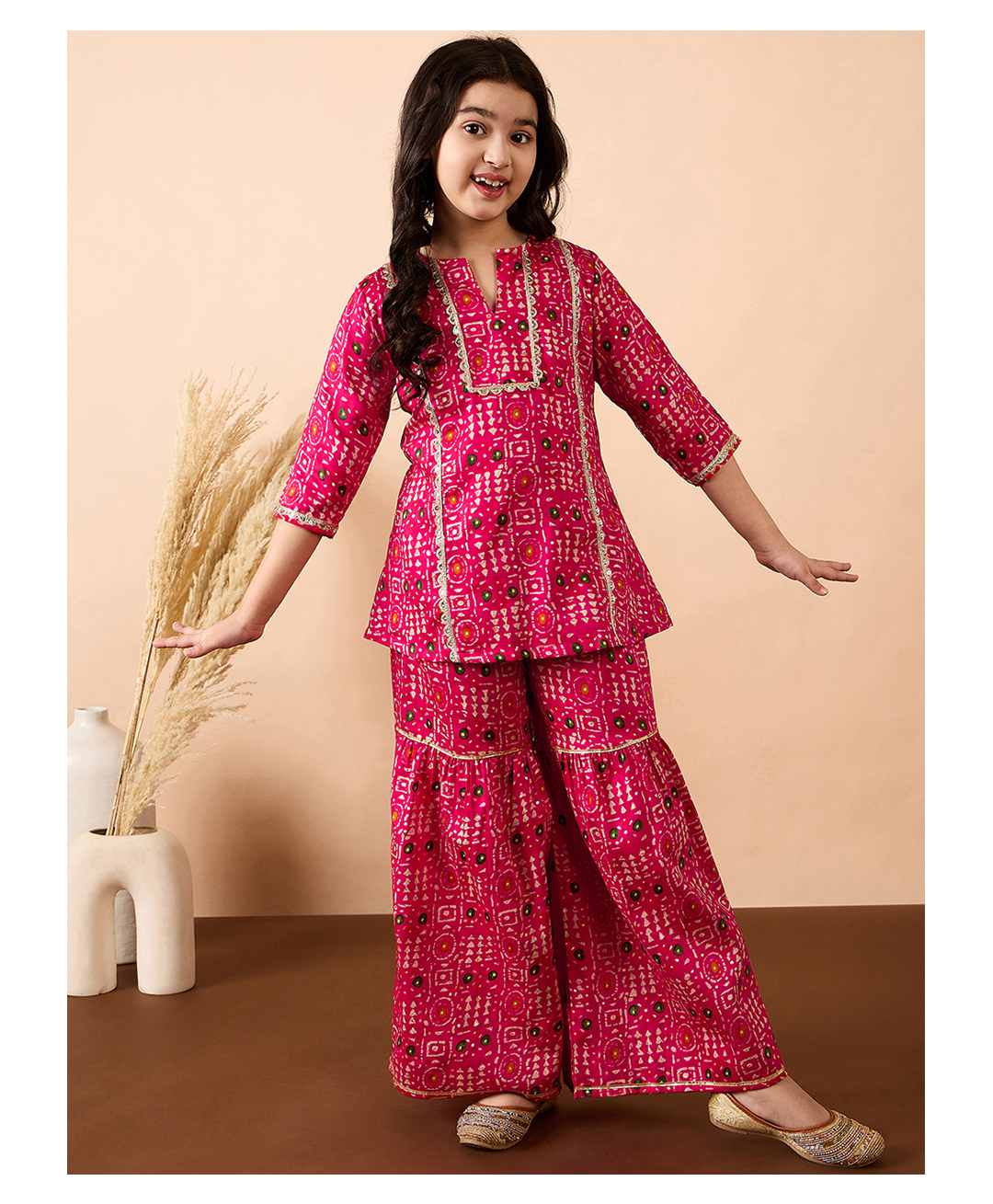 StyloBug Cotton Woven Three Fourth Sleeves Ethnic Printed Gota Lace Embellished Kurti Sharara Set - Dark Pink-image-39