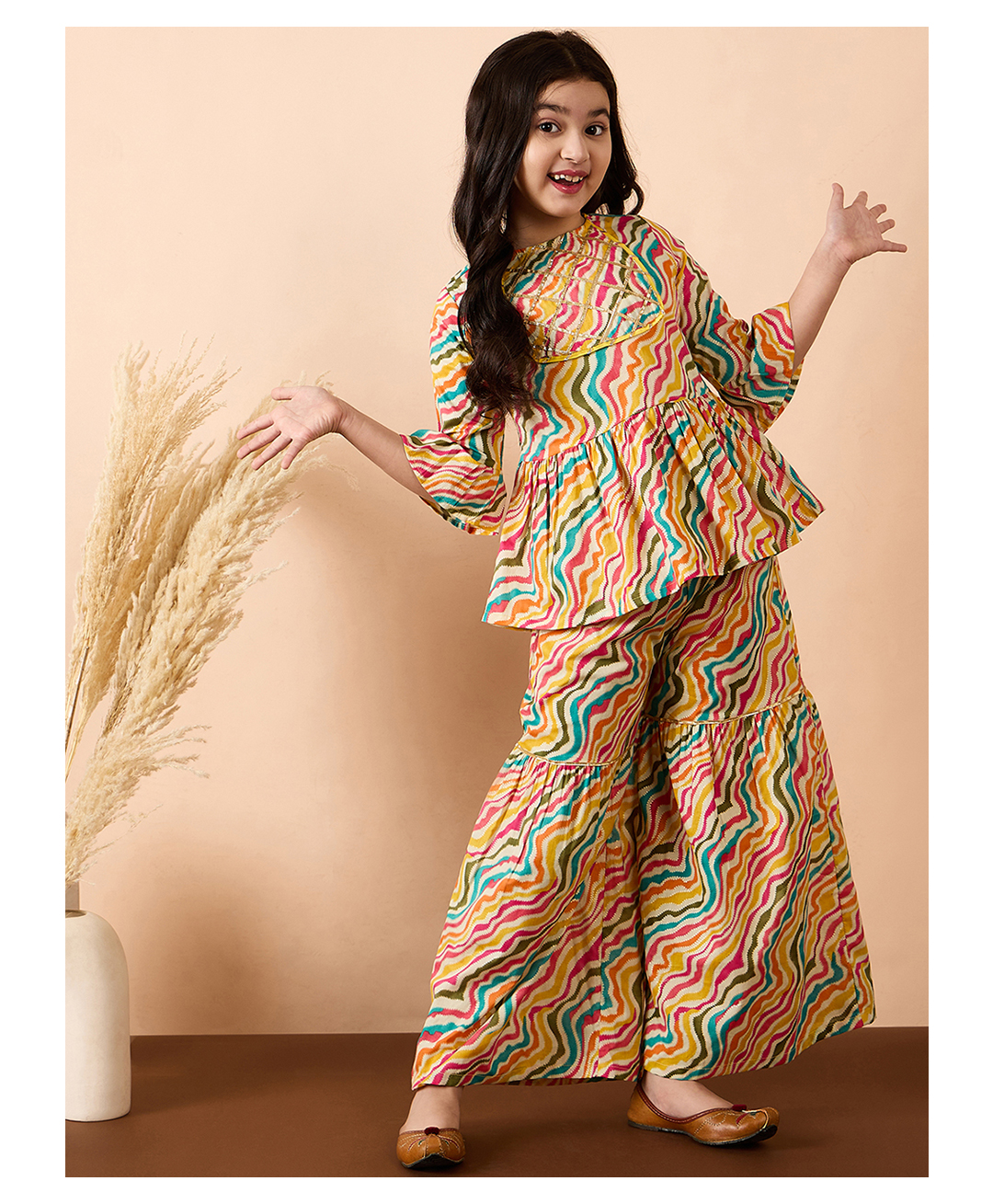 StyloBug Cotton Woven Three Fourth Bell Sleeves Leheriya Printed Gota Lace Embellished Kurti Sharara Set - Multi Colour-image-28