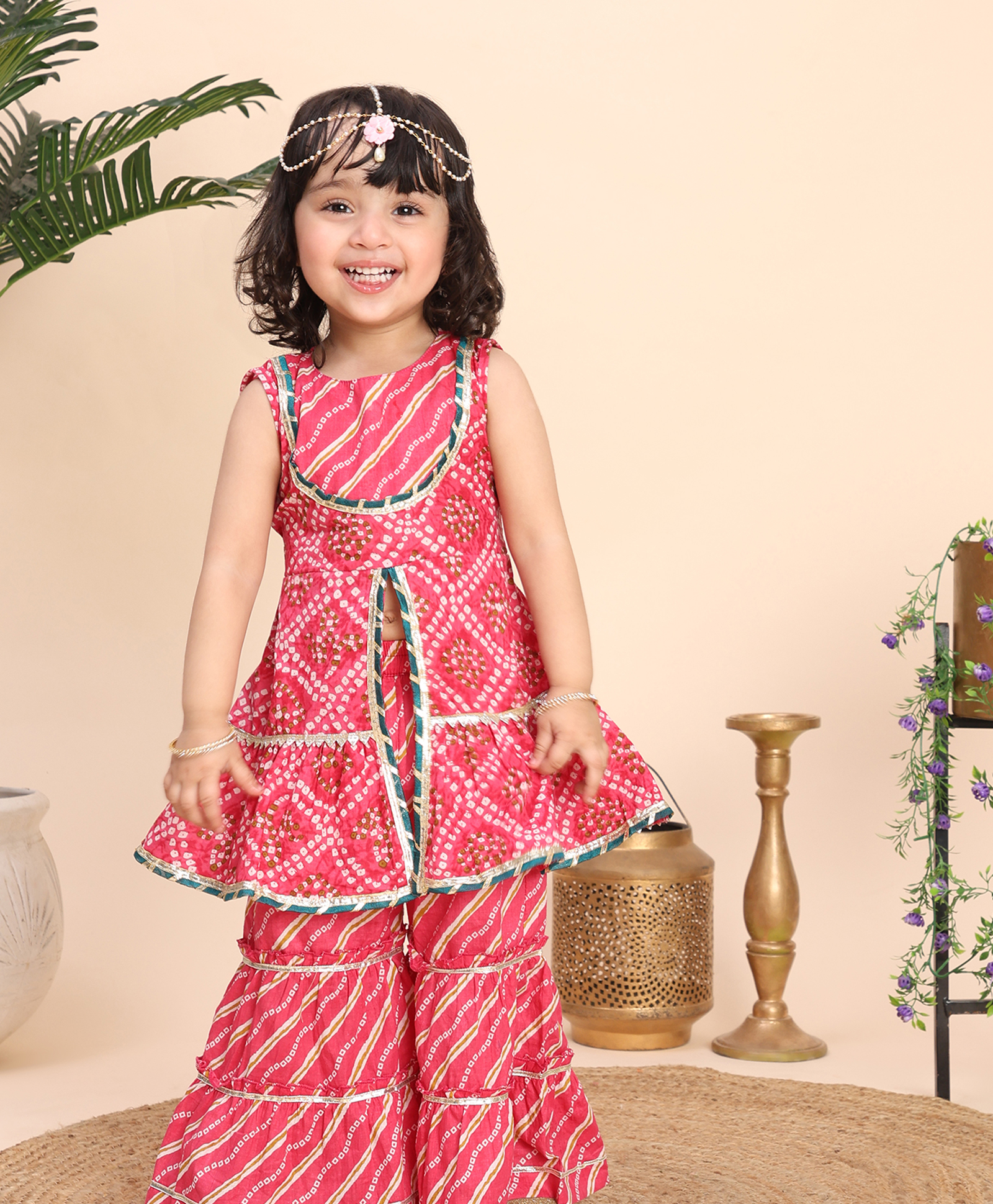 Titrit Cotton Woven Sleeveless Bandhani Printed & Gota Lace Embellished Centre Slit Kurti Sharara Set - Pink-picture-2