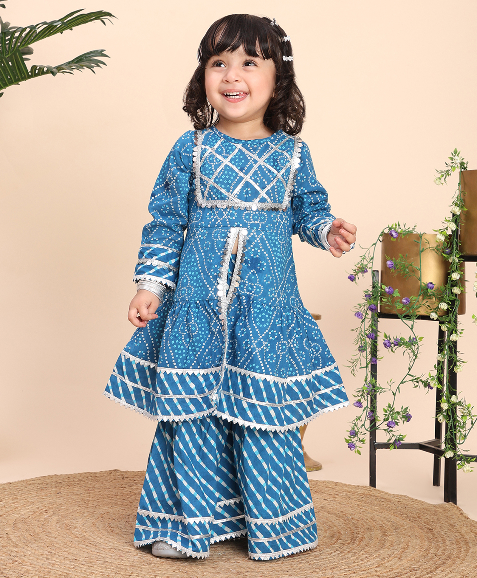 Titrit Cotton Woven Full Sleeves Bandhani & Leheriya Printed Gota Lace Embellished Centre Slit Kurti Sharara Set - Blue-picture-48