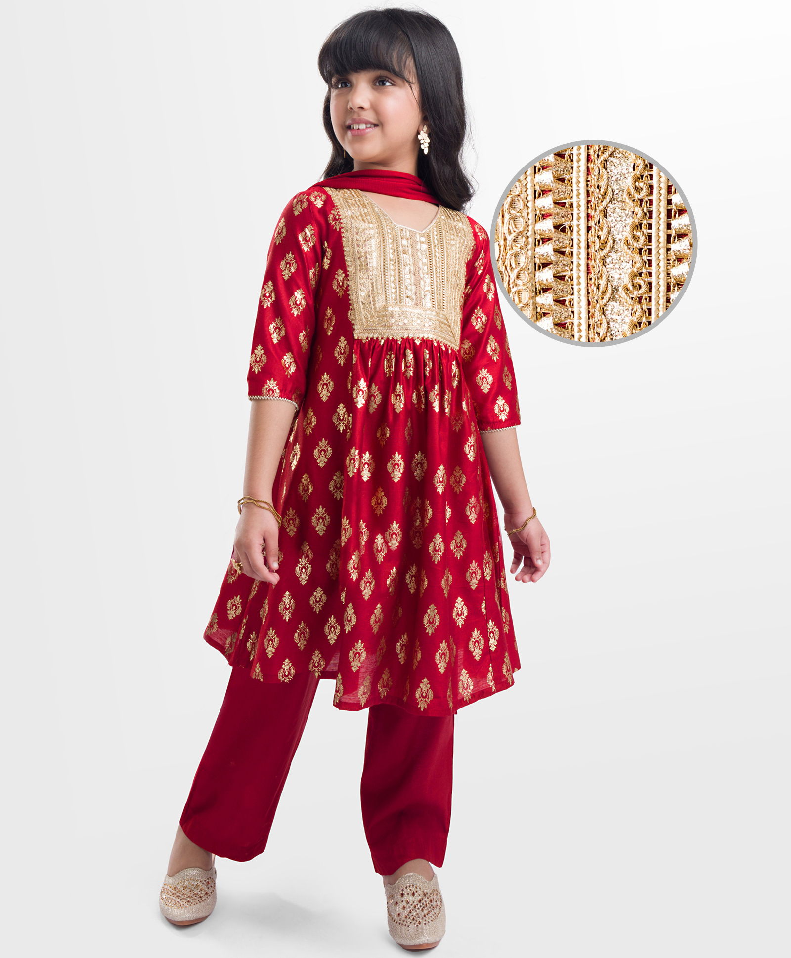 EARTHY TOUCH Viscose Woven Kurta Churidar & Dupatta Set With Floral Embriodery - Maroon-image-8