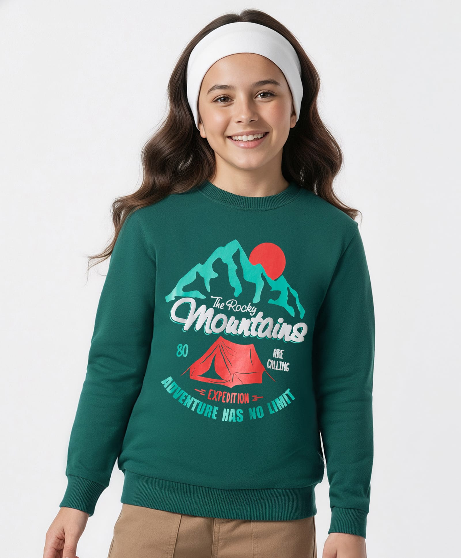 Pine Kids Cotton Knit Full Sleeves Sweatshirt With Mountains Text Print - Dark Green-picture-29