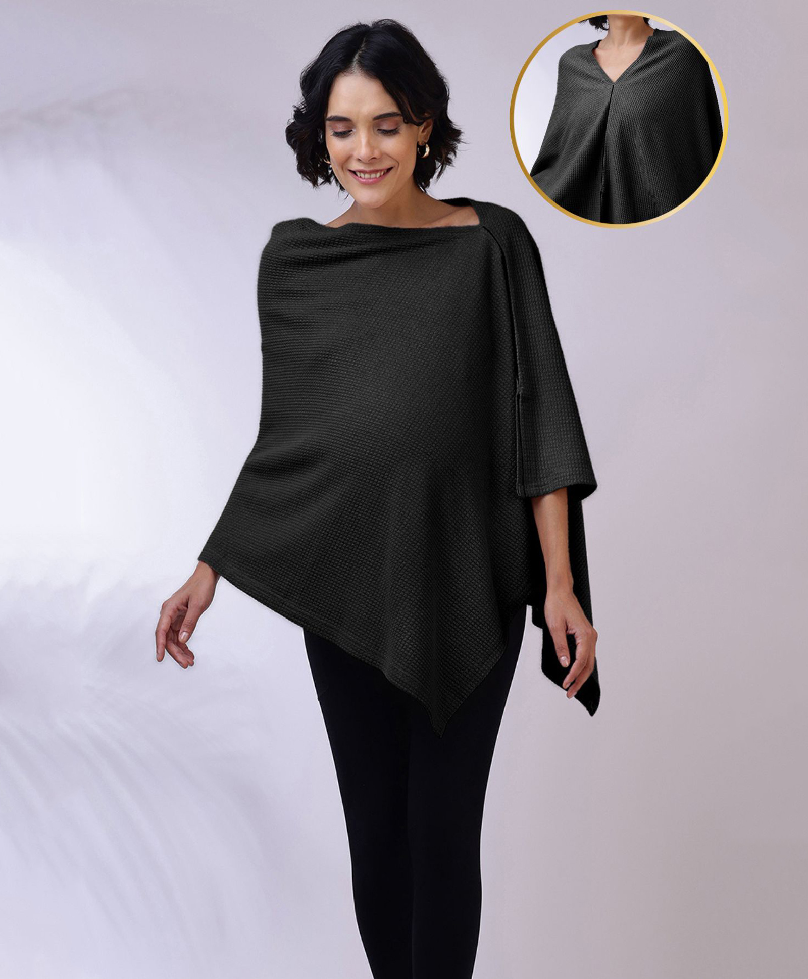 Zelena Bamboo Cotton Woven Three Fourth Cape Sleeves Textured Maternity Premium Breathable Poncho With Front Lift Nursing Access - Black-picture-14