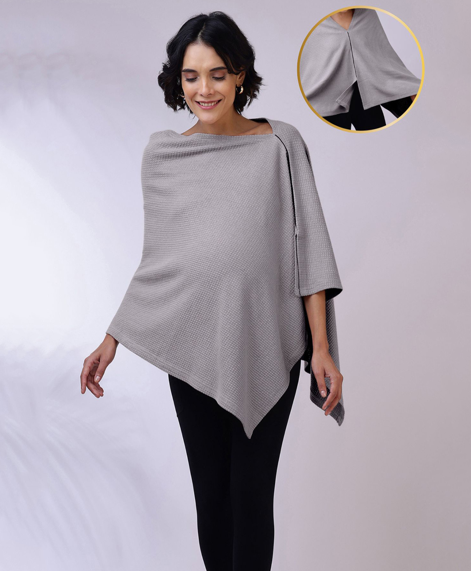 Zelena Bamboo Cotton Woven Three Fourth Cape Sleeves Textured Maternity Premium Breathable Poncho With Front Lift Nursing Access - Grey-image-1