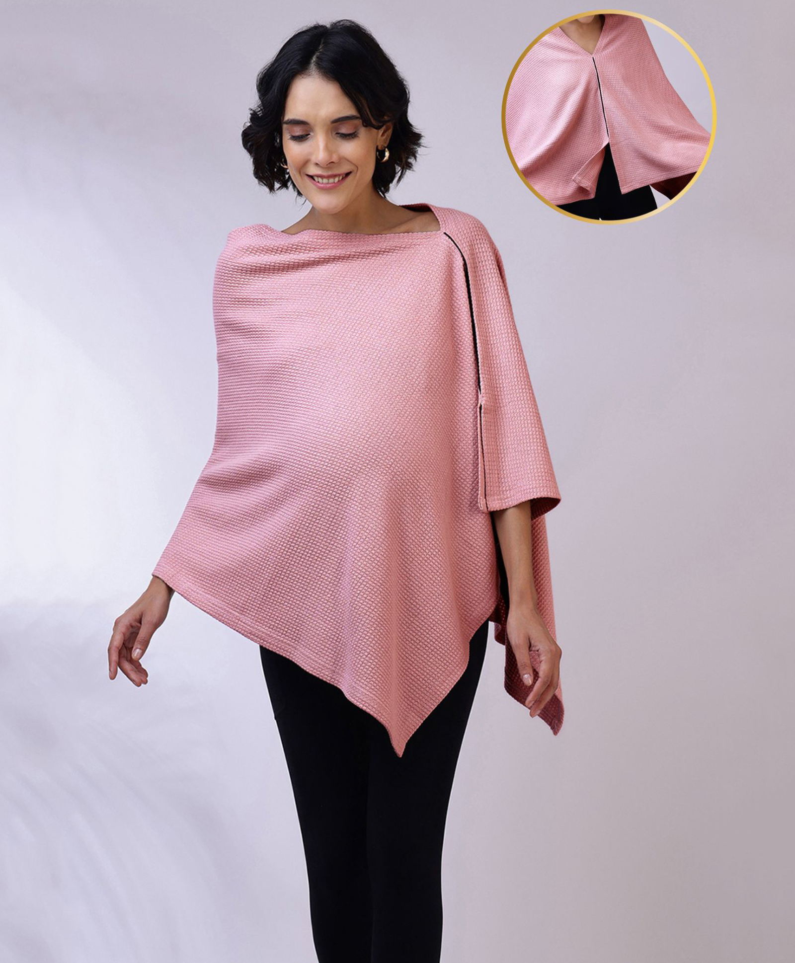 Zelena Bamboo Cotton Woven Three Fourth Cape Sleeves Textured Maternity Premium Breathable Poncho With Front Lift Nursing Access - Light Pink-image-38