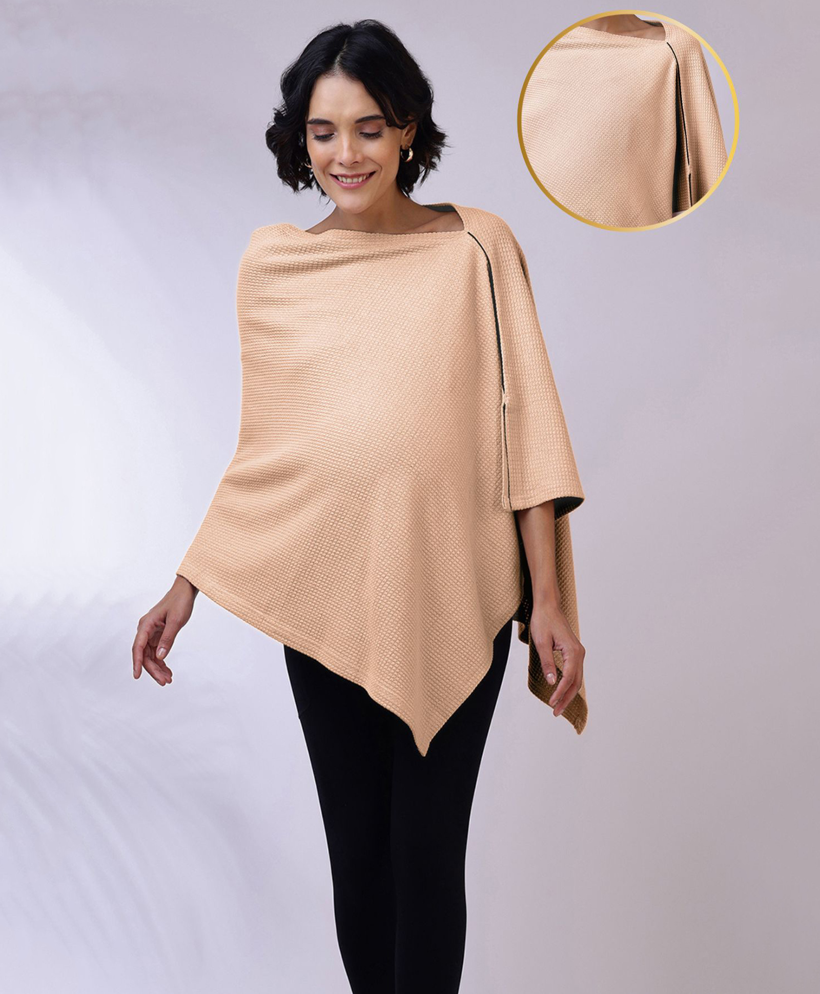 Zelena Bamboo Cotton Woven Three Fourth Cape Sleeves Textured Maternity Premium Breathable Poncho With Front Lift Nursing Access - Champagne-picture-25