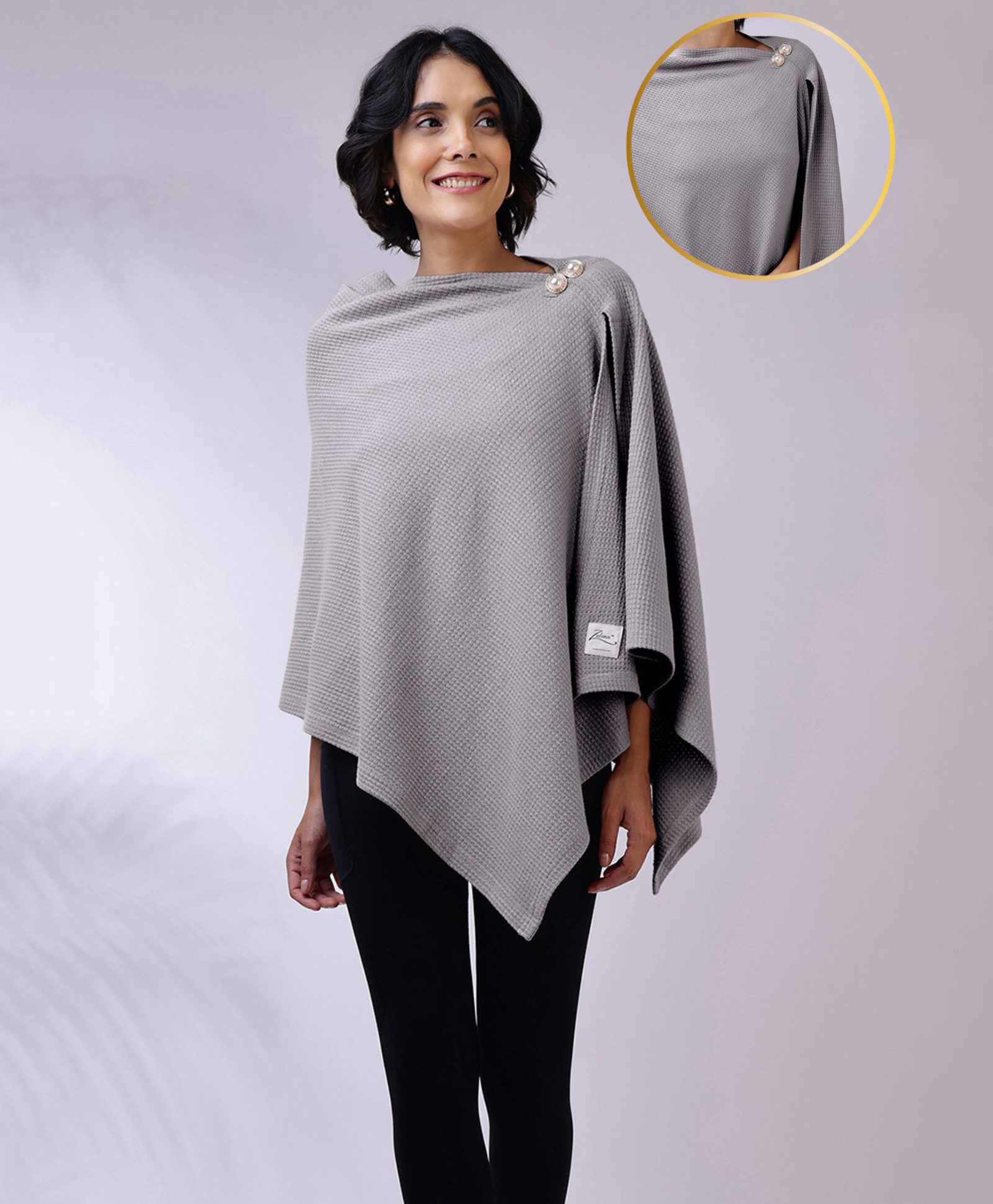 Zelena Bamboo Cotton Woven Three Fourth Cape Sleeves Textured Buttons Detailed Premium Breathable Maternity Poncho With Front Lift Maternity Access - Grey-image-20