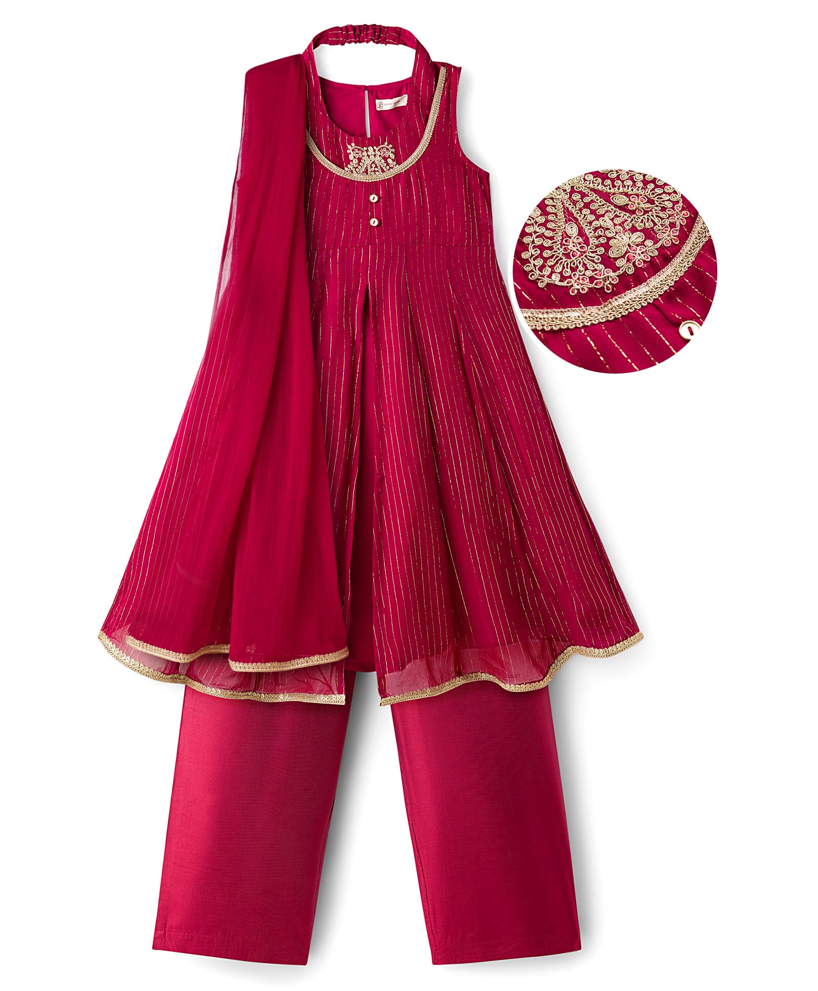 EARTHY TOUCH Woven Sleeveless Halter Neck Kurti Salwar Set with Dupatta & Embroidery - Maroon-image-44