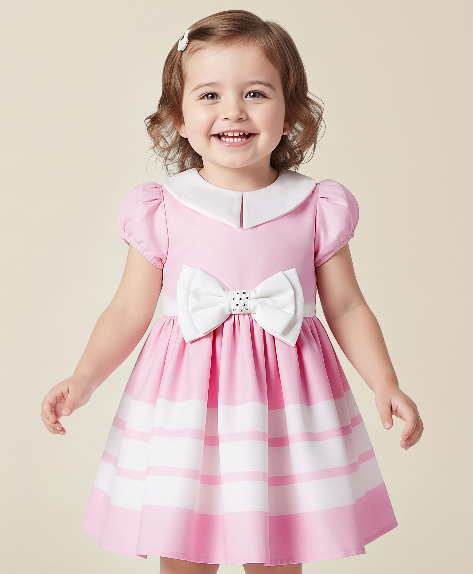 Babyoye Woven Puffed Half Sleeves Party Dress with Bow Applique - Pink-picture-35