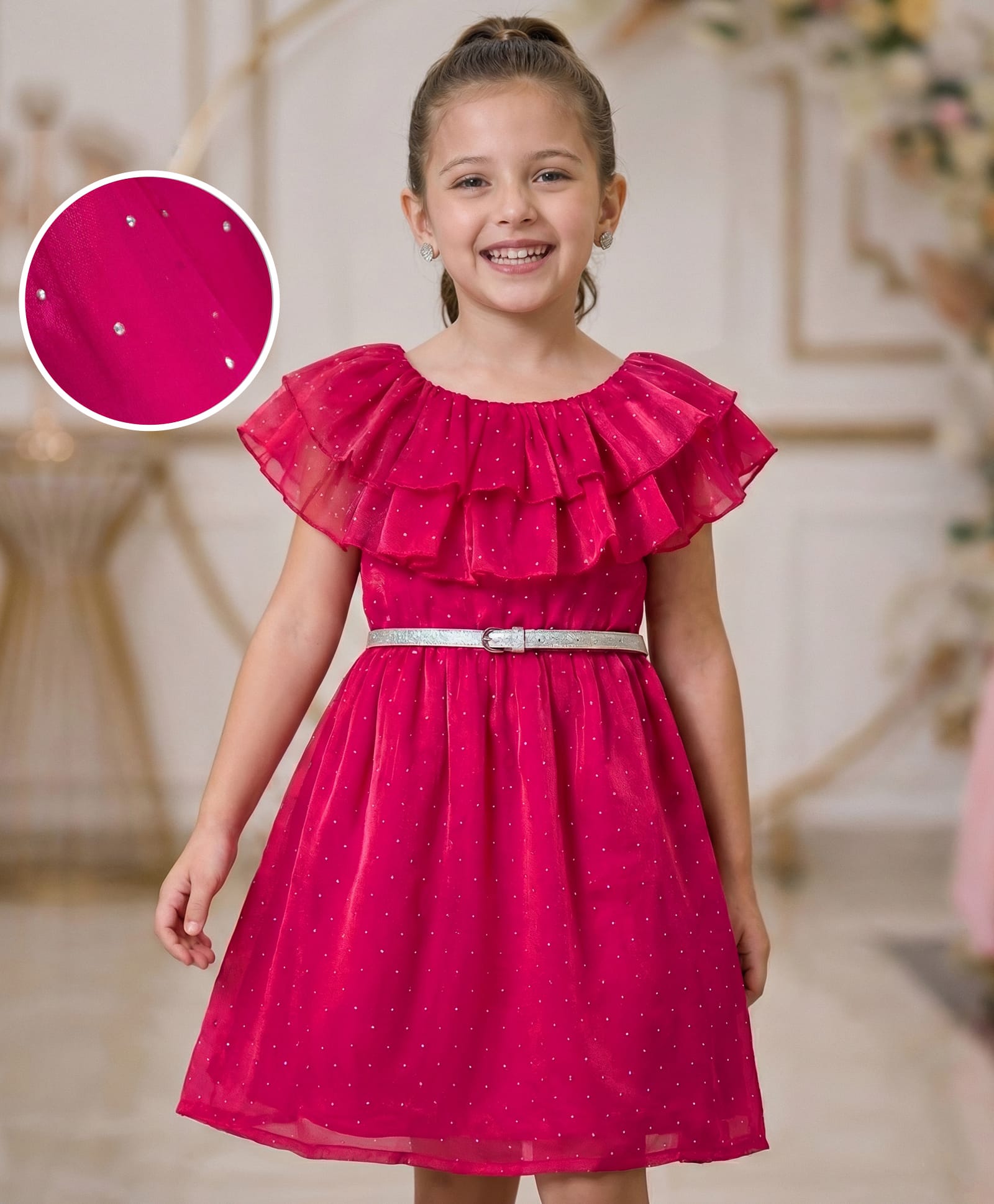 Hola Bonita Woven Balloon Frill Sleeves Shimmer Party Dress with Belt & Frill Detailing - Dark Pink-image-40