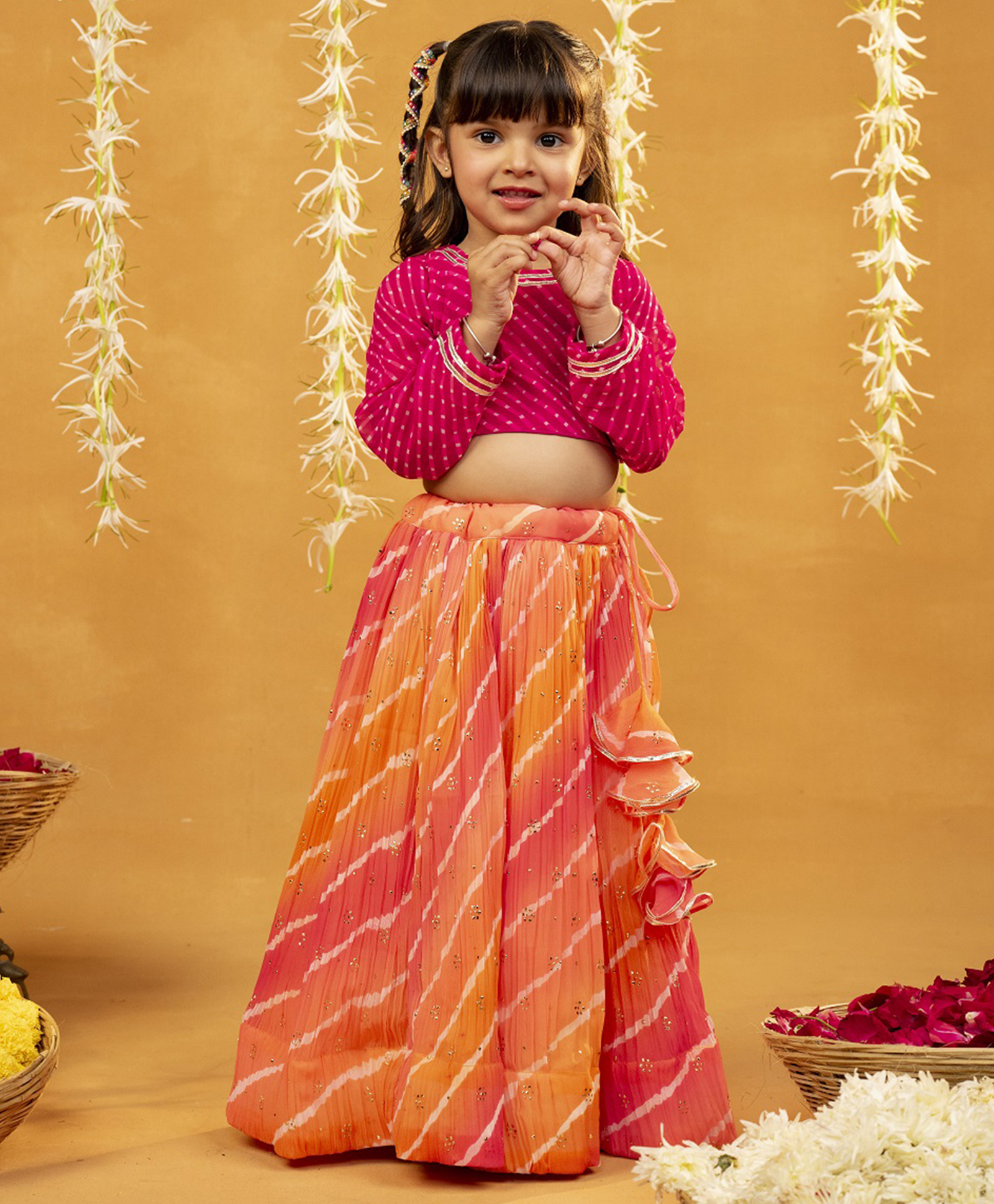 Jilmil Georgette Woven Full Sleeves Leheriya Printed Gota Lace Embellished Lehenga Choli Set - Pink-picture-48