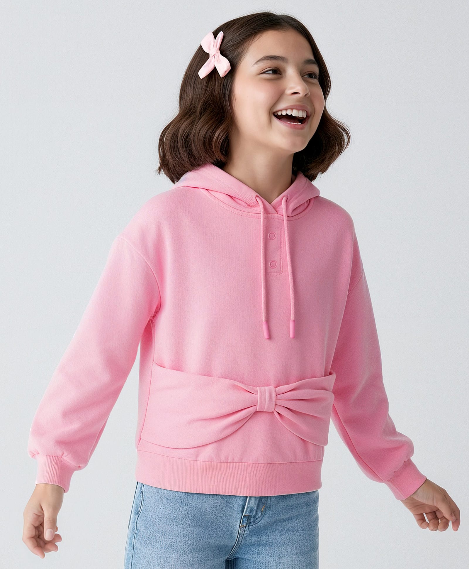 Pine Kids Knit Full Sleeves Hooded Sweatshirt With Bow Applique - Pink-picture-37