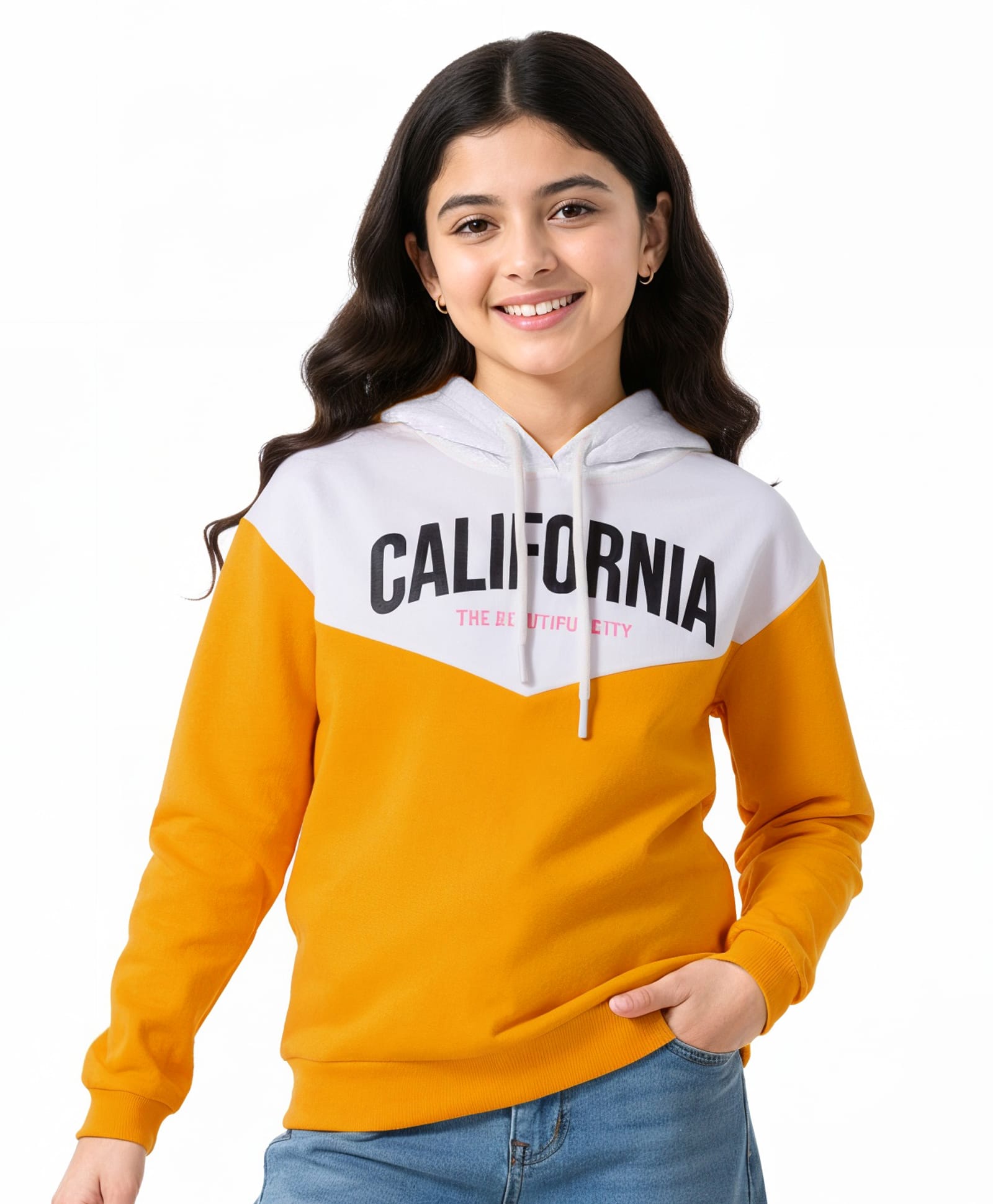 Pine Kids Cotton Knit Full Sleeves Hooded Cut & Sew Sweatshirt With California Text Print - Yellow & White-picture-26