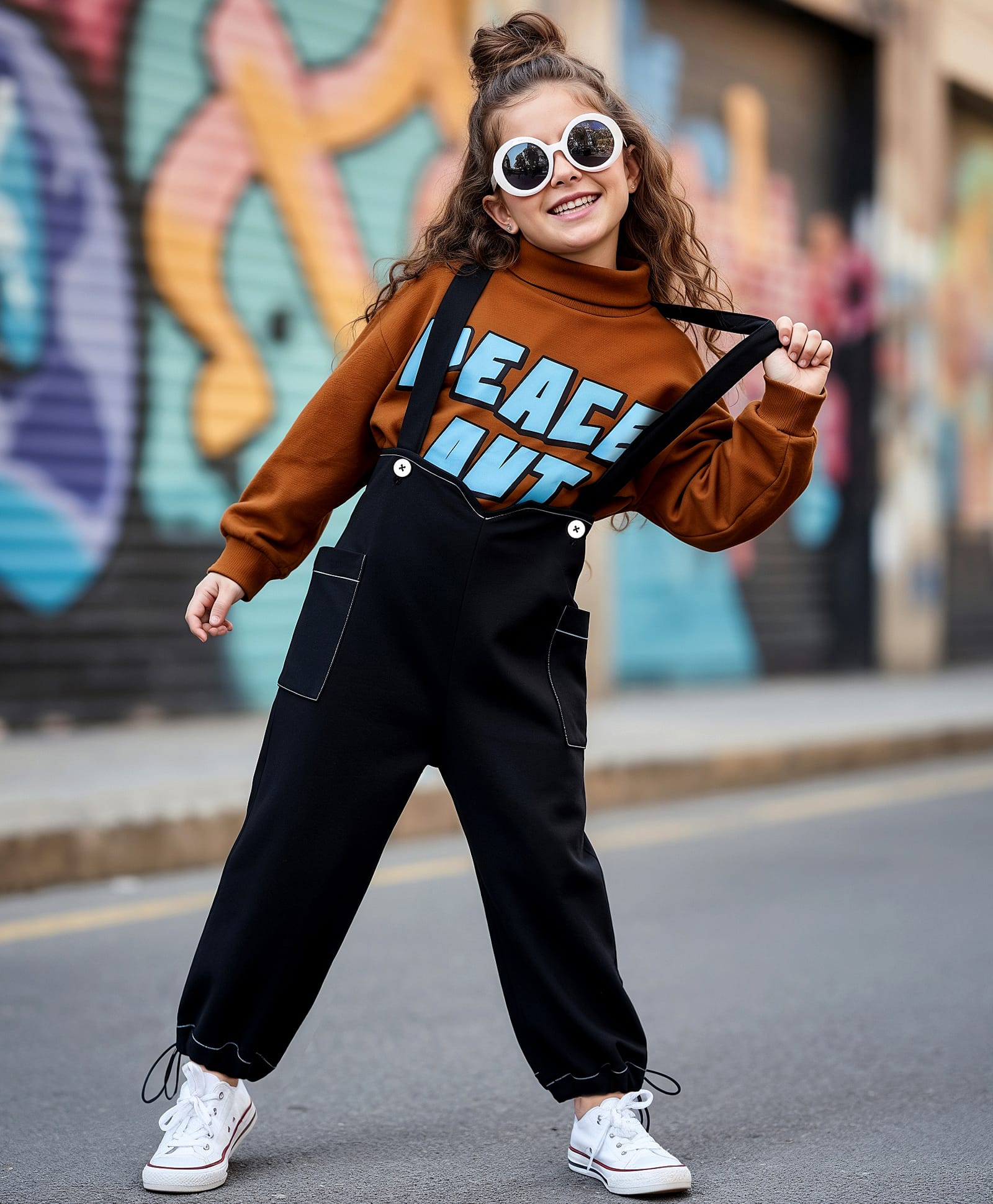 OLLINGTON ST. Twill Lycra Knit Trouser Dungaree & Full Sleeves Inner Top with Peace Out Text Print - Brown & Black-picture-14