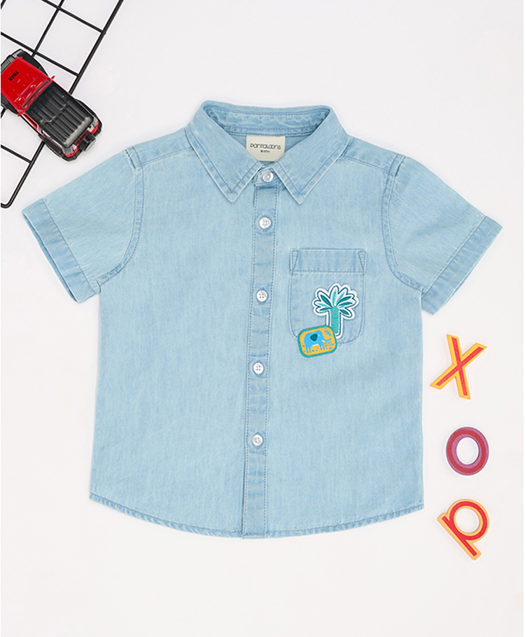 Pantaloons Baby Knit Half Sleeves Elephant Patch Detailed Shirt - Light Blue-picture-14