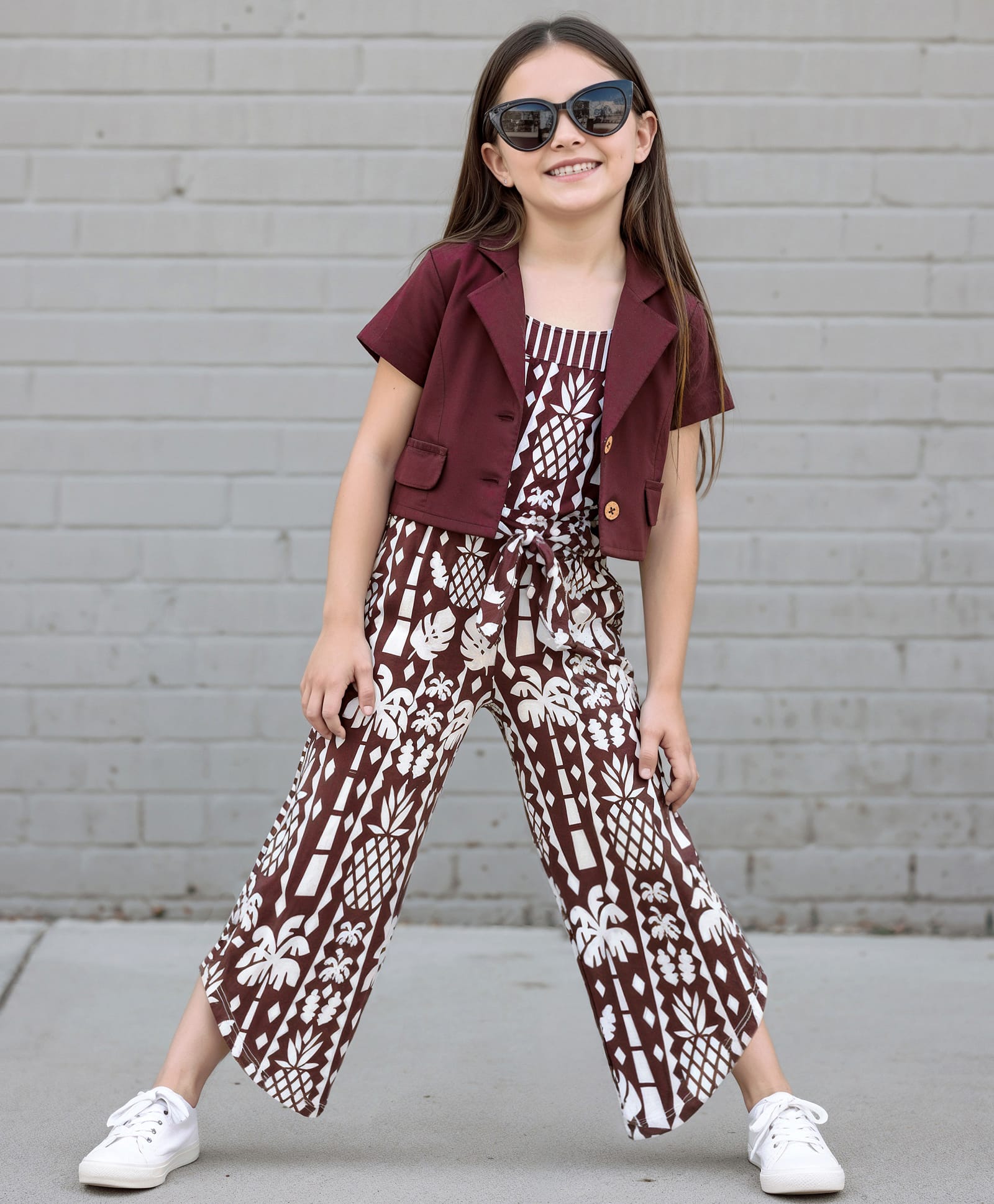 OLLINGTON ST. Cotton Knit Half Sleeves Jacket Top & Printed Dungaree - Brown & Multicolor-picture-18