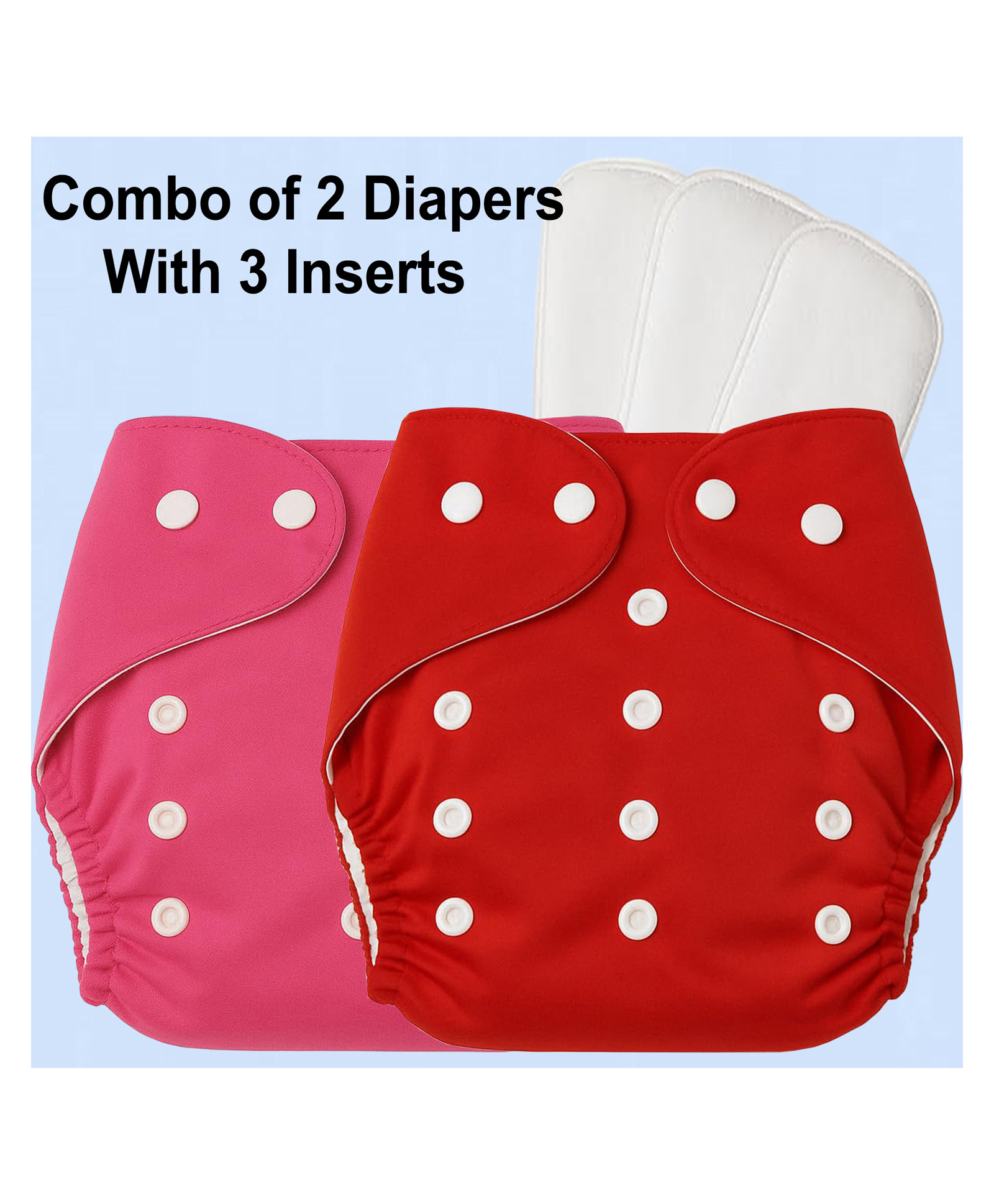 Sparkle Joy Free Size Reusable Cloth Diapers / Nappies With Insert Pad 2 Pcs Diaper With 3 Pcs Insert - Red & Pink-image-5
