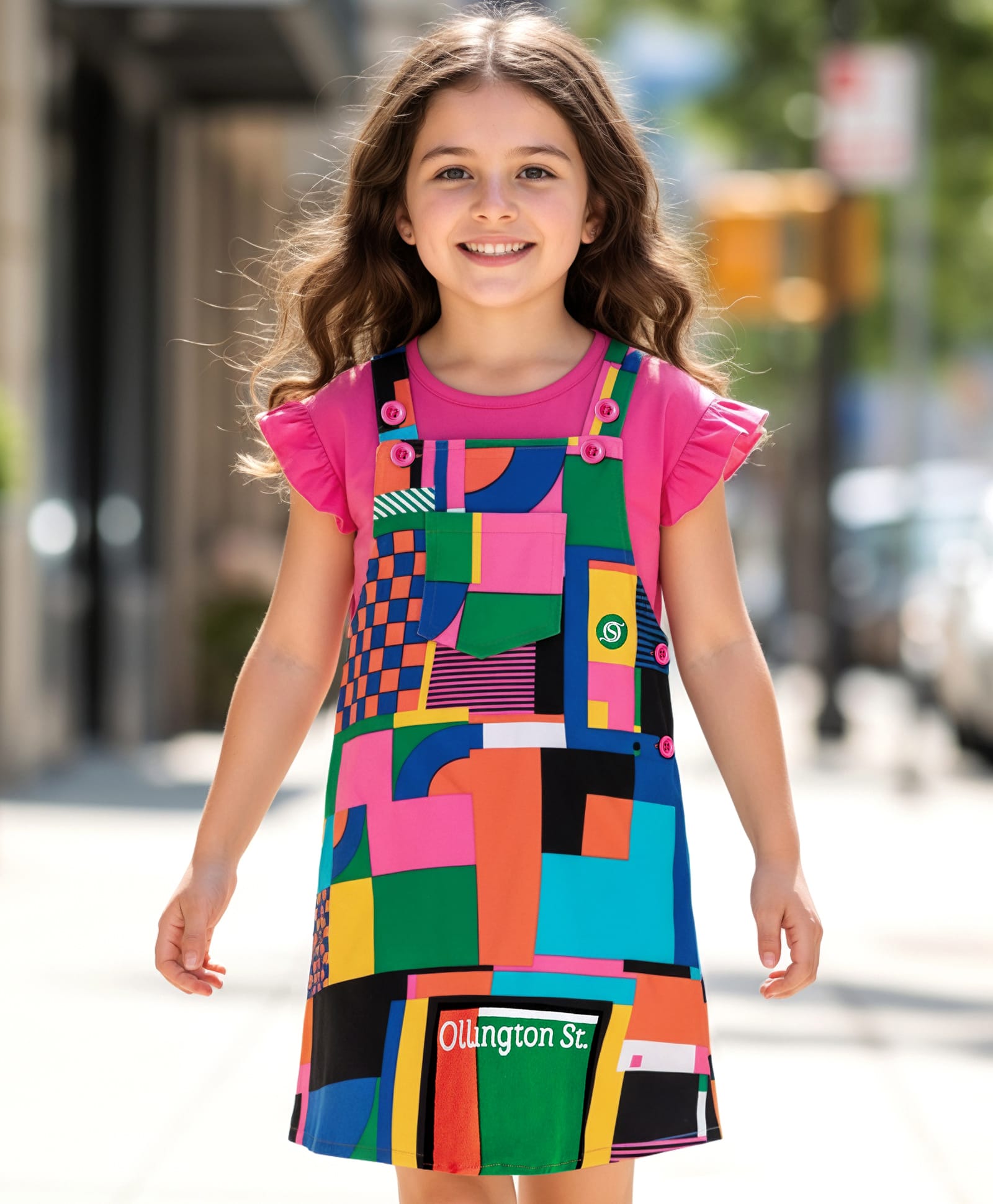 OLLINGTON ST. Cotton Half Sleeves Top & Printed Twill Pinafore - Pink & Multicolor-image-28