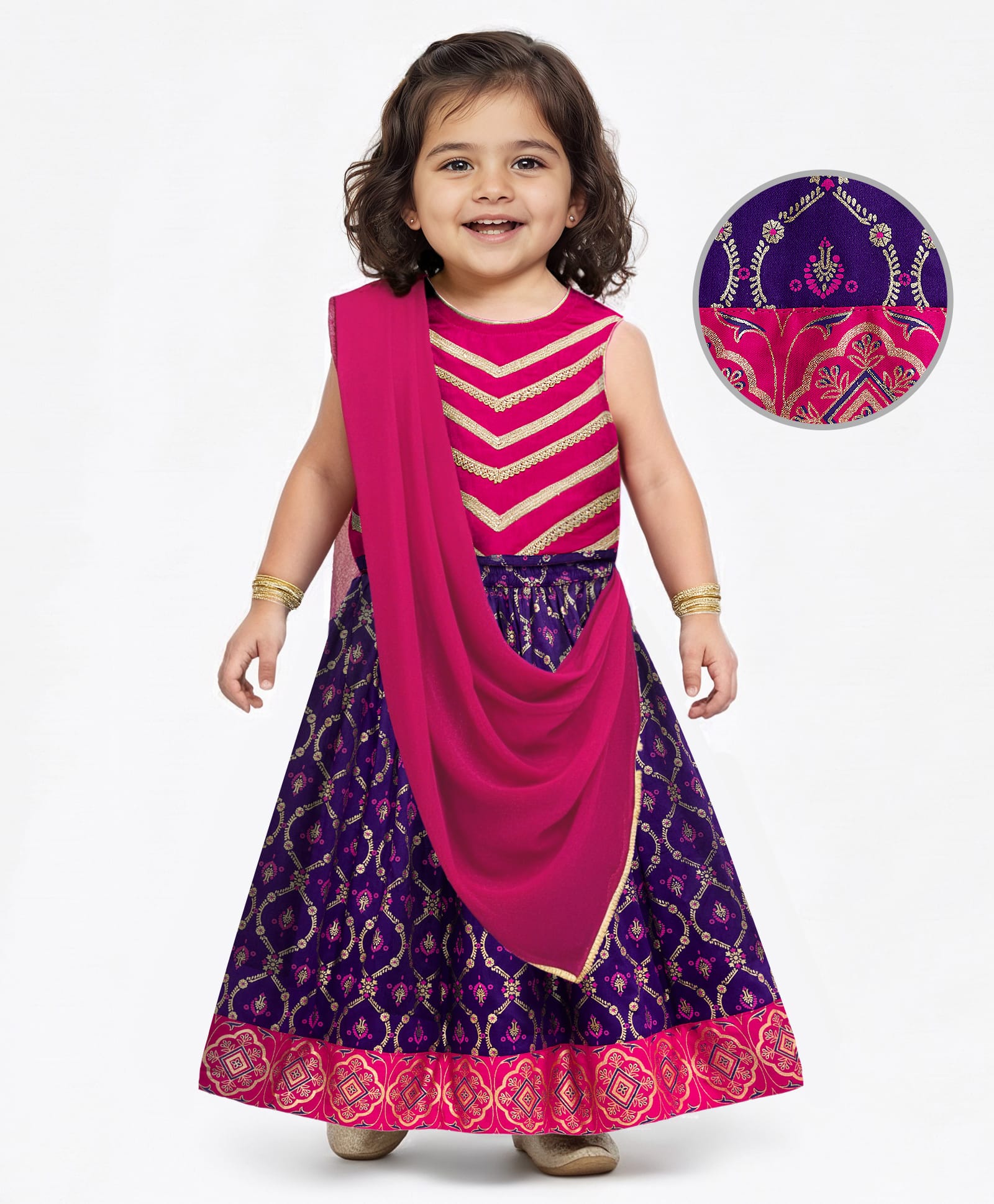 EARTHY TOUCH Viscose Woven Sleeveless Choli Lahenga Set with Dupatta Foil Print- Dark Pink-image-37
