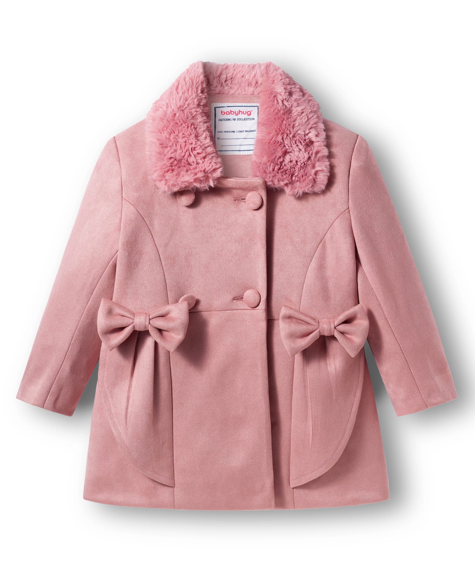 Babyhug Woven Full Sleeves Solid Trench Coat With Bow Applique & Fur Collar - Pink-image-39