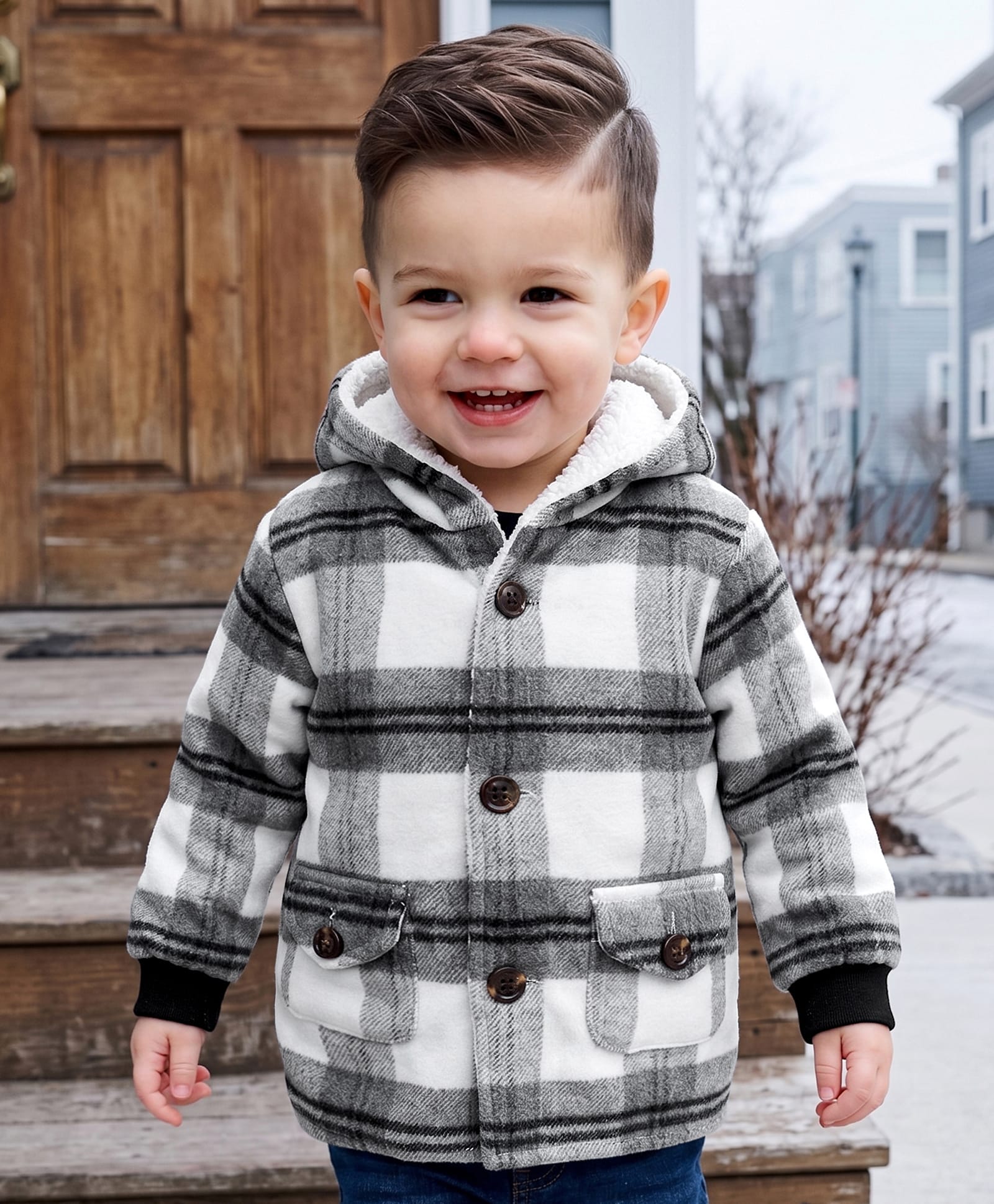 Babyhug Woven Full Sleeves Checks Hooded Overcoat - Black & White-image-44