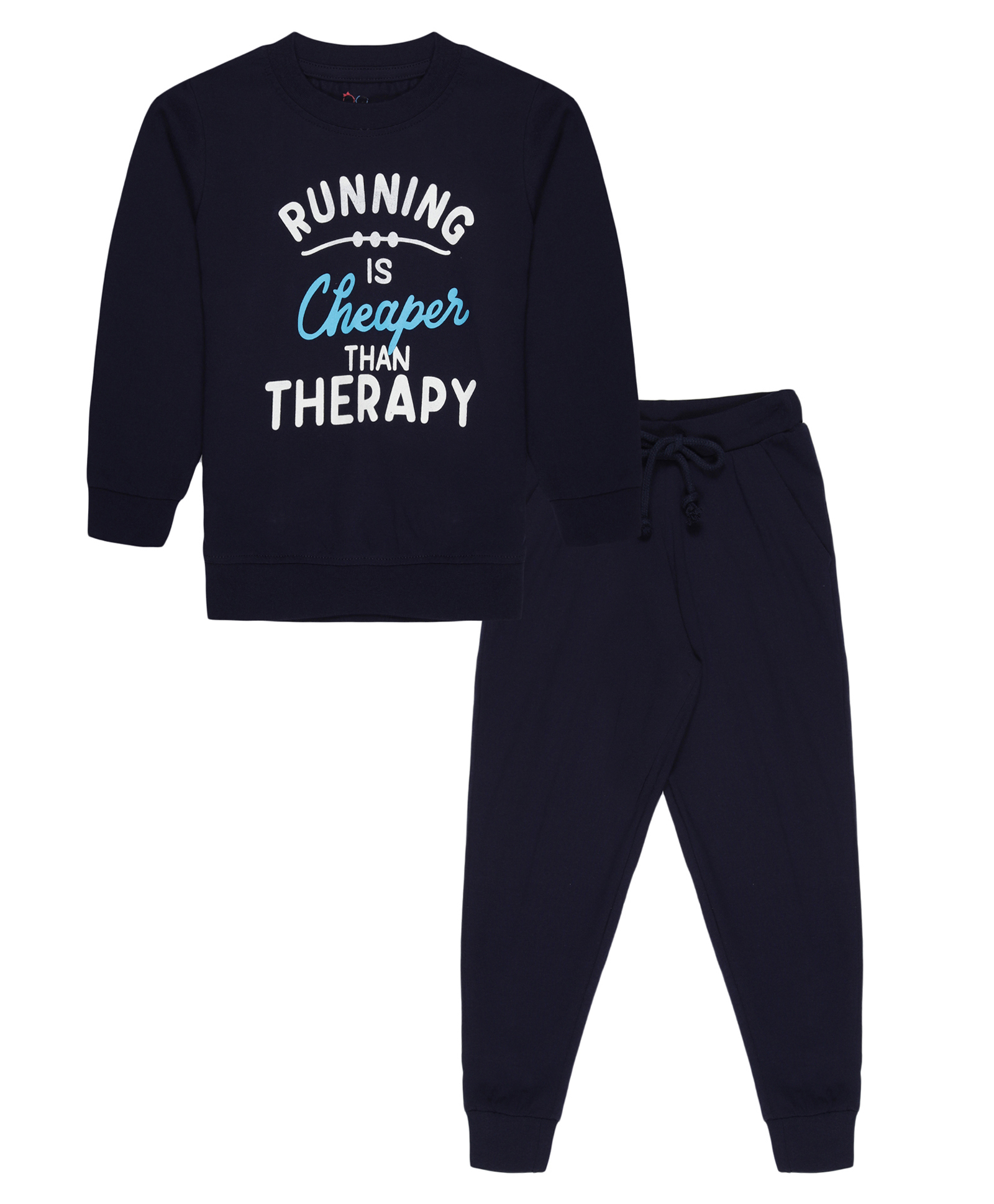 Young Birds Cotton Knit Full Sleeves Running Is Cheaper Than Therapy Text Printed Tee & Joggers Set - Navy Blue-picture-19