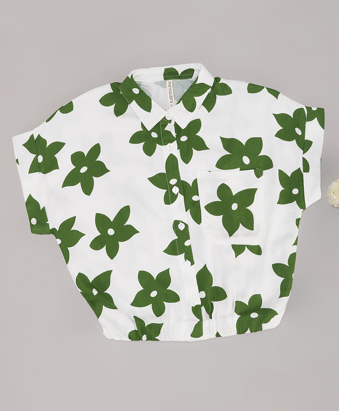 Pantaloons Junior Rayon Woven Half Sleeves Floral Printed Shirt Style Crop Top - Green-picture-17