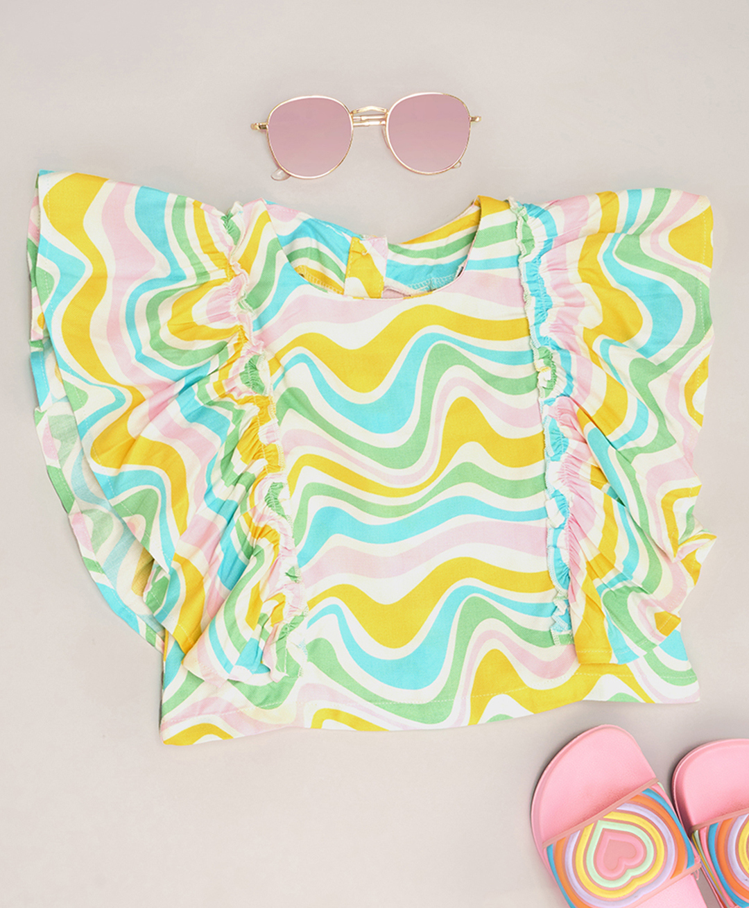 Pantaloons Junior Rayon Woven Sleeveless Frill Detailed Marble Printed Top - Multi Colour-picture-28