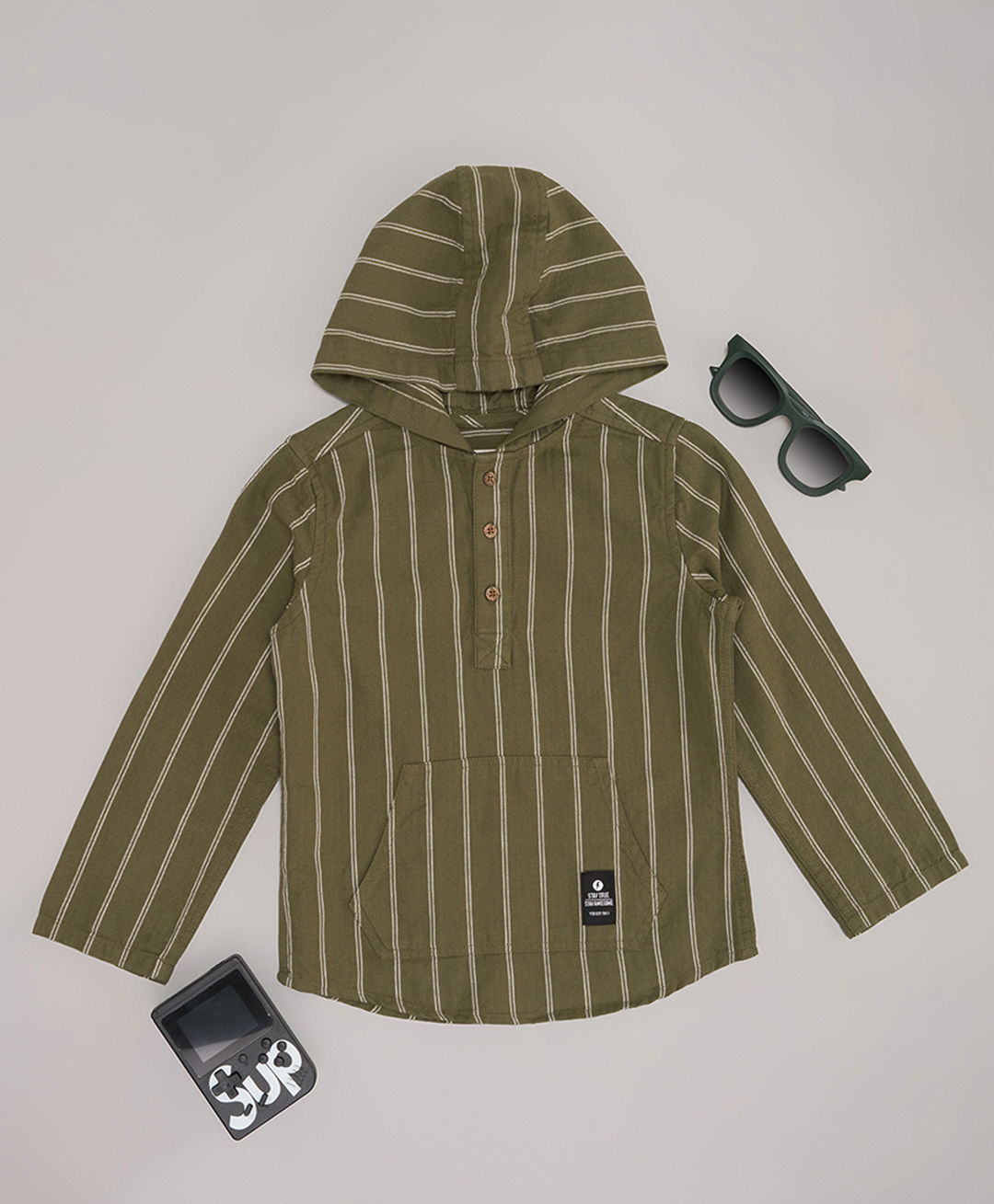 Pantaloons Junior 100% Cotton Woven Full Sleeves Striped Hooded Shirt - Dark Green-image-26