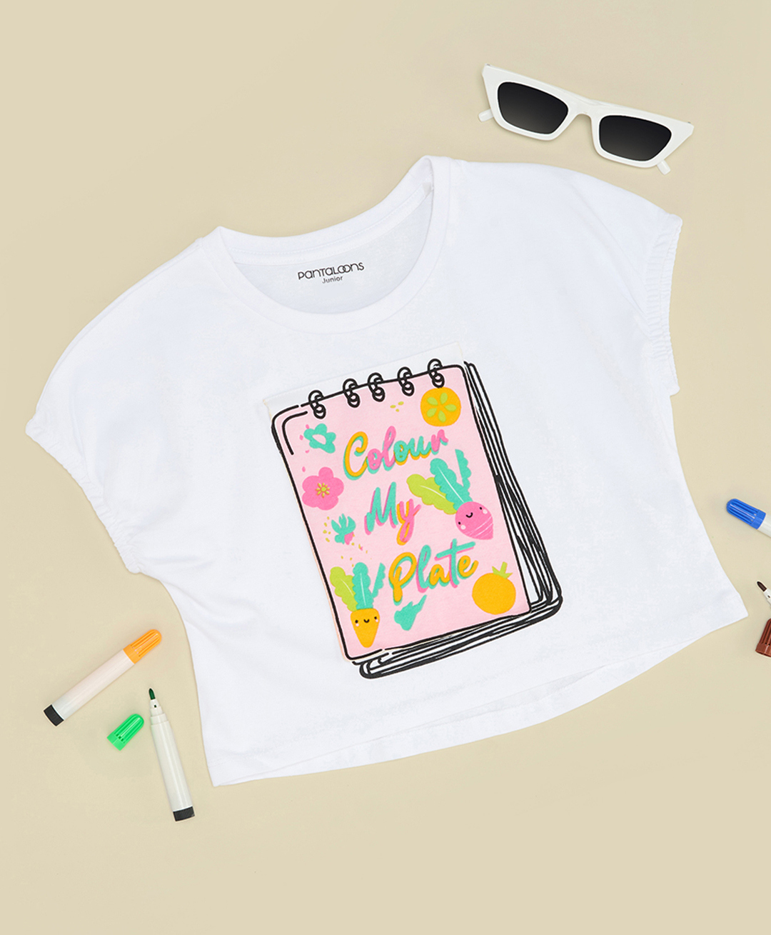 Pantaloons Junior Cotton Knit Half Sleeves Colour My Plate Text Printed Top - White-image-14
