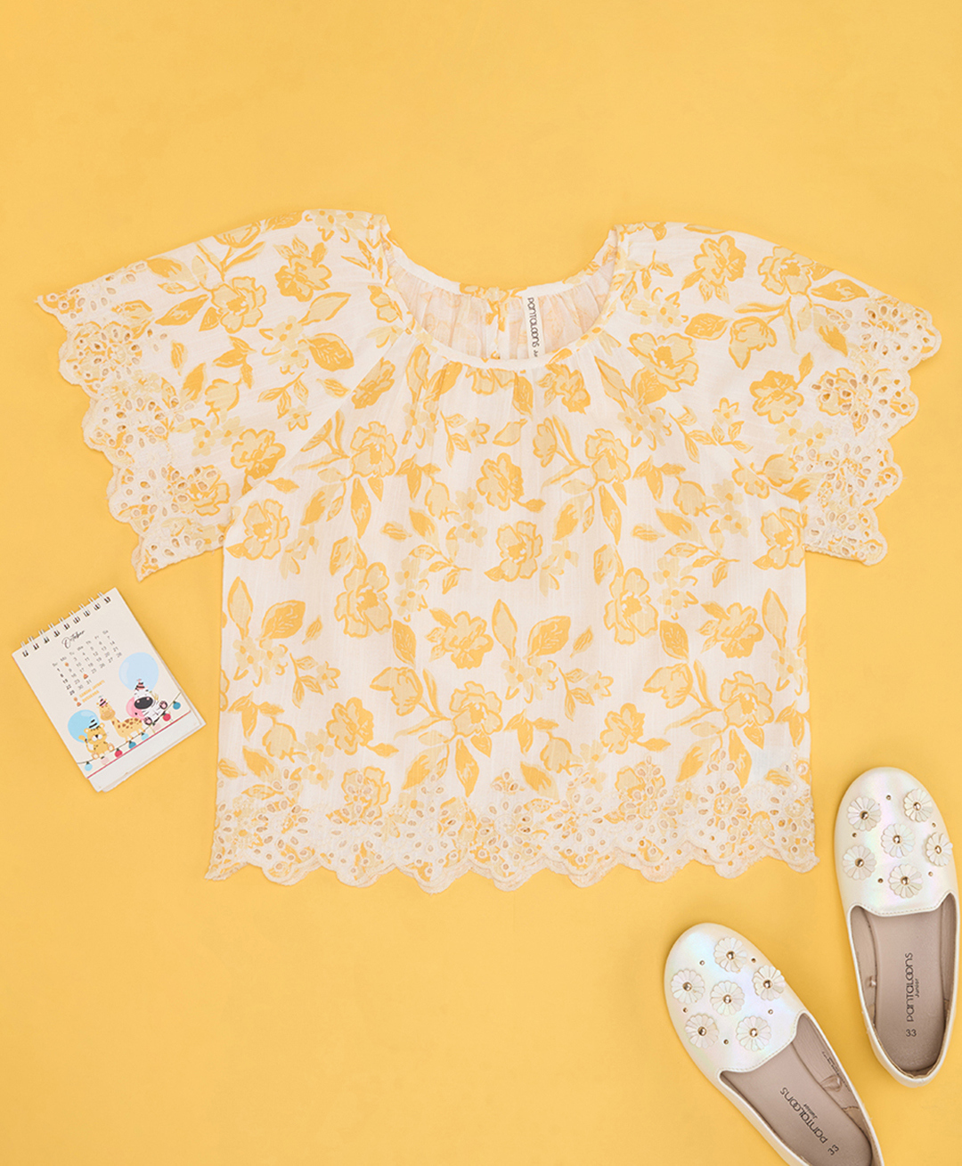 Pantaloons Junior Cotton Woven Half Sleeves Floral Printed Top - Yellow-image-18