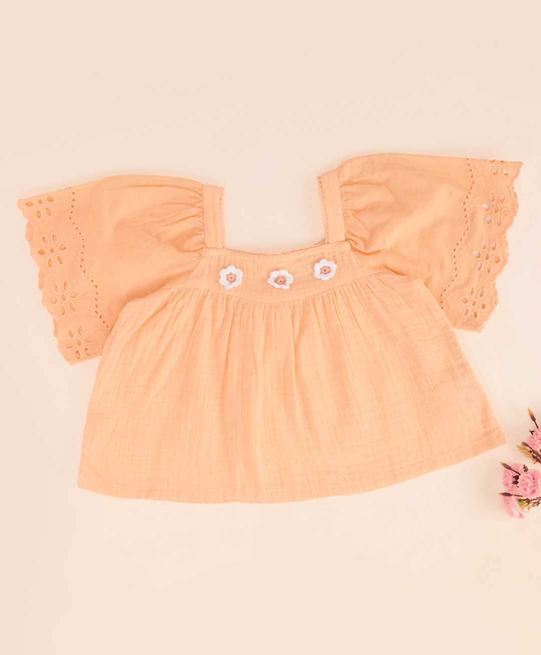 Pantaloons Junior Cotton Woven Half Puffed Sleeves Floral Crochet Designed Schiffli Embroidered Top - Orange-picture-10