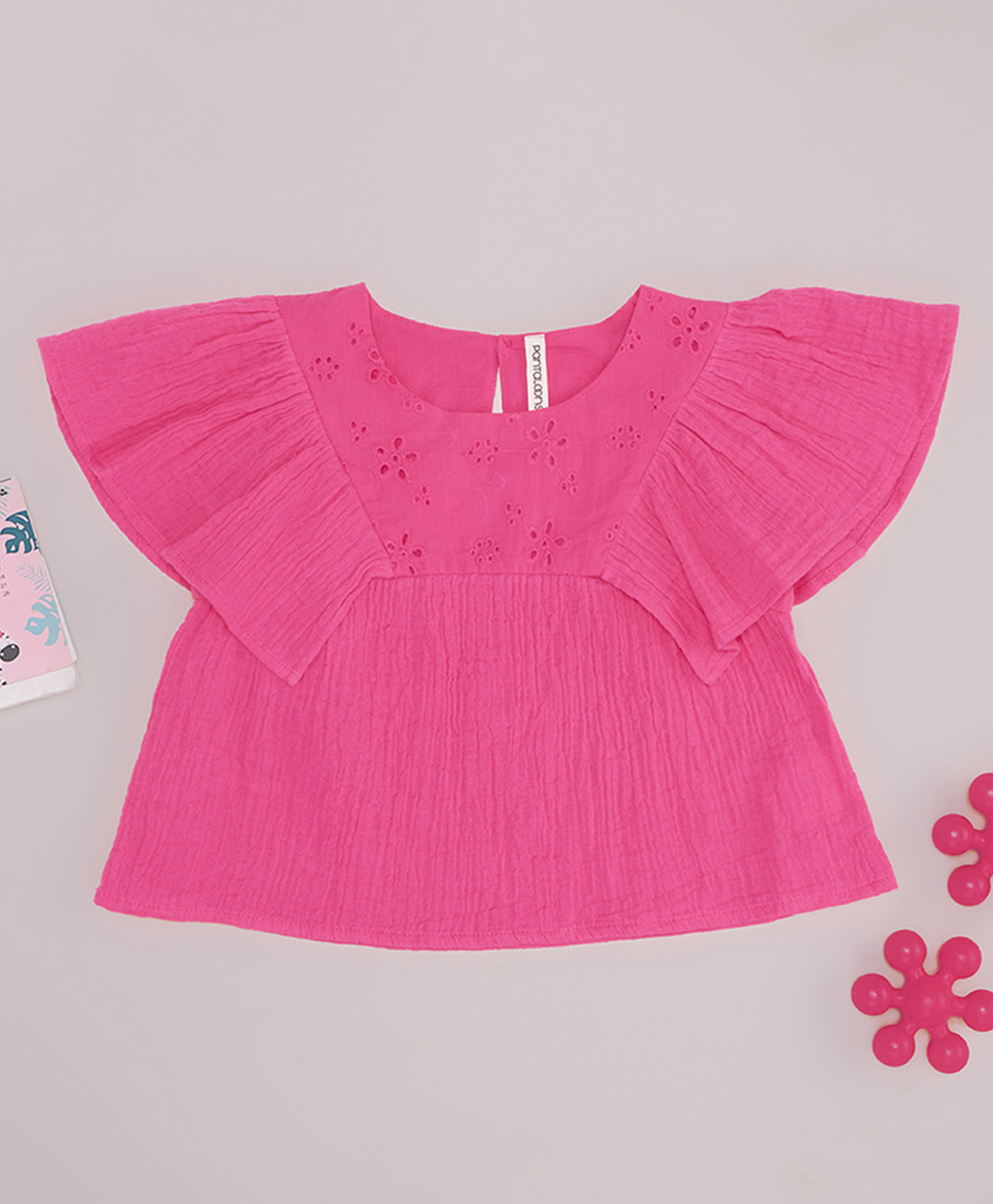 Pantaloons Junior Cotton Woven Sleeveless Frill Detailed Schiffli Embroidered Top - Pink-image-46