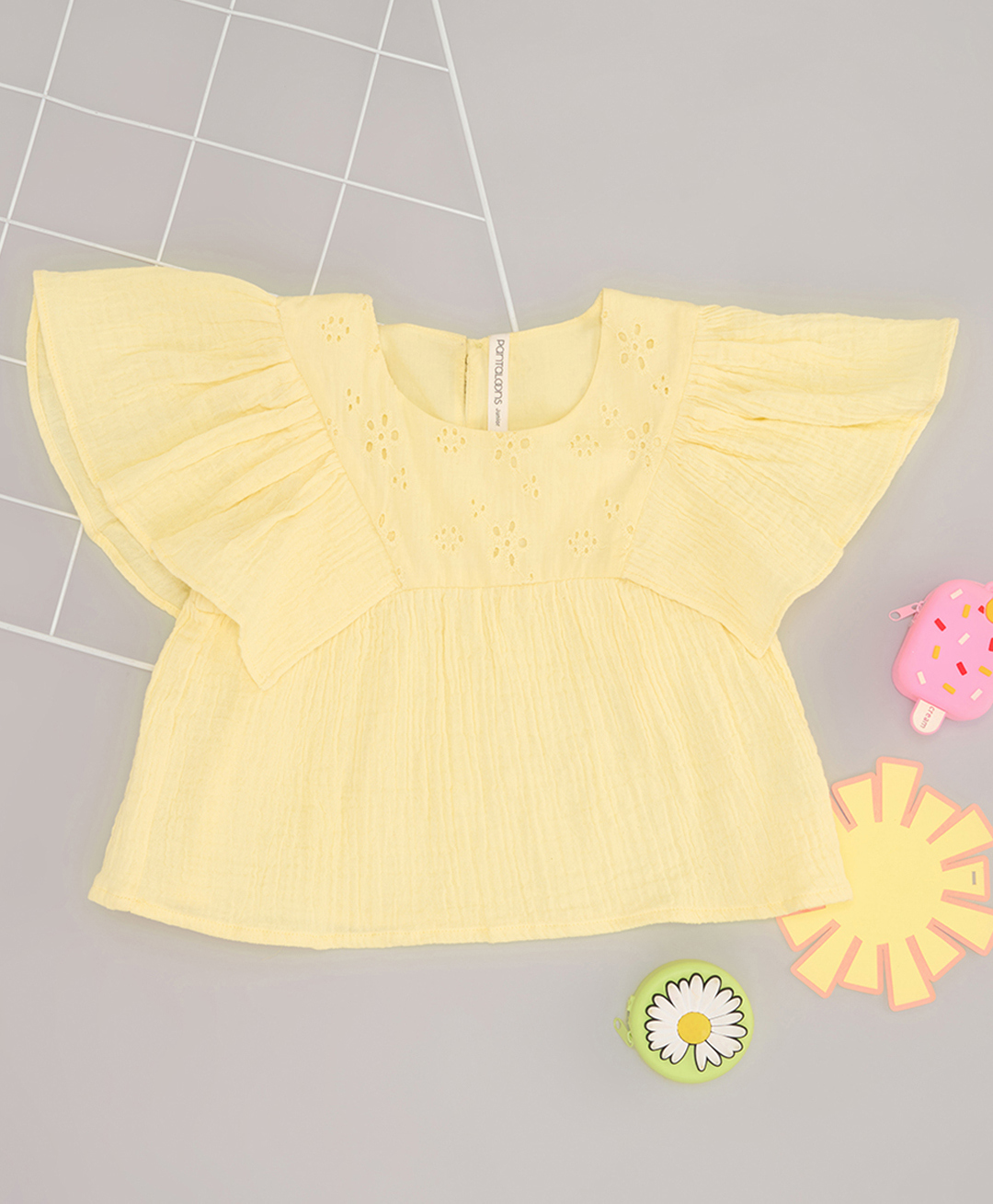 Pantaloons Junior Cotton Woven Sleeveless Frill Detailed Schiffli Embroidered Top - Yellow-picture-10