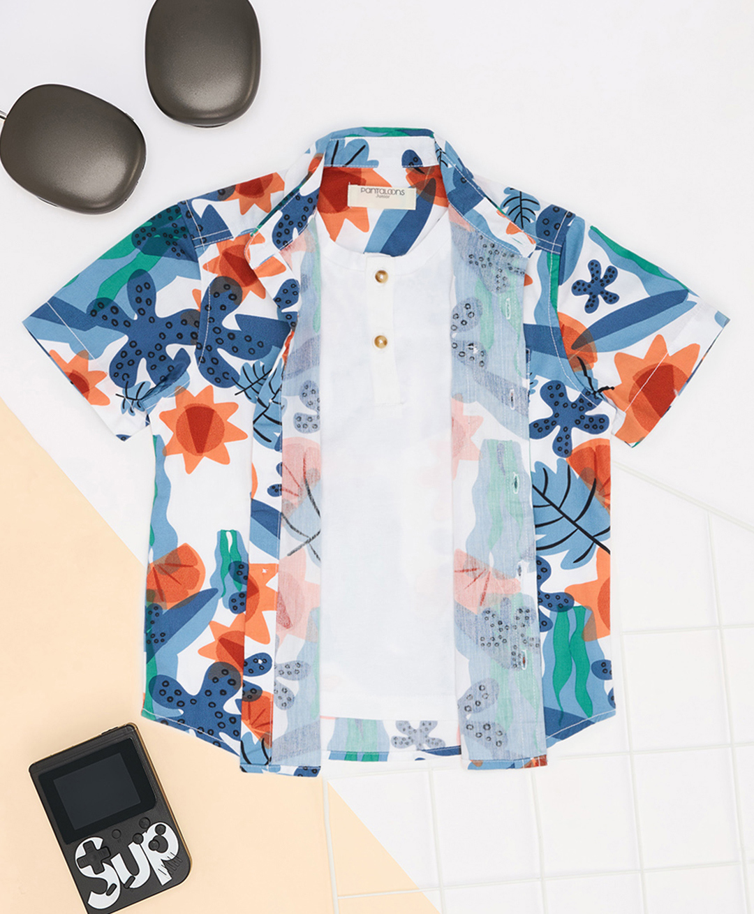Pantaloons Junior Cotton Woven Half Sleeves Tropical Theme Printed Shirt With Attached Tee - Blue-picture-17