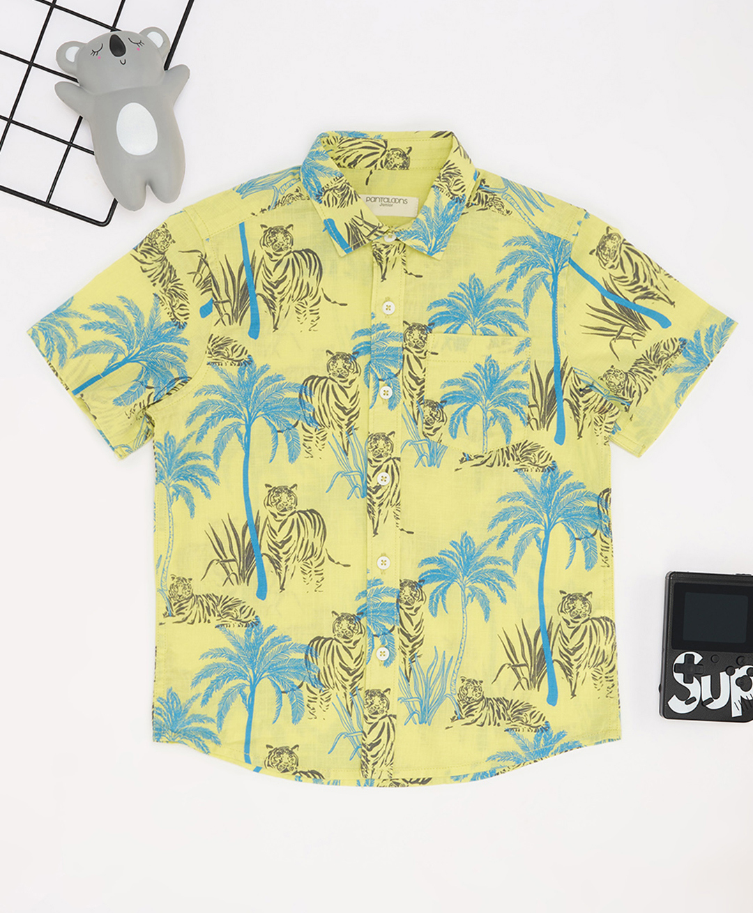 Pantaloons Junior Cotton Woven Half Sleeves Palm Tree & Tiger Printed Shirt - Limegreen-picture-42