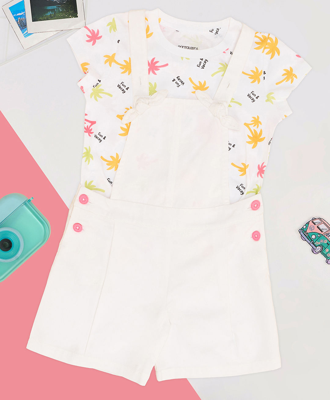 Pantaloons Junior Cotton Woven Solid Dungaree With Half Sleeves Palm Trees Printed Tee - White-picture-14