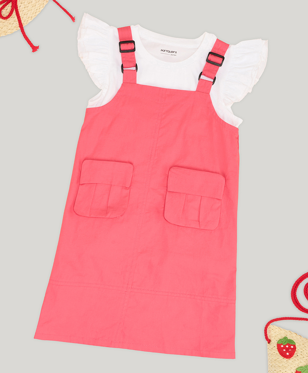 Pantaloons Junior Cotton Woven Solid Dungaree With Frill Sleeves Solid Top - Pink-image-16