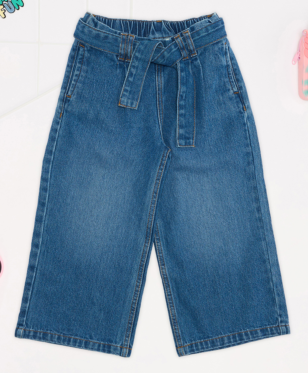 Pantaloons Junior Cotton Denim Woven Washed Jeans With Belt - Blue-picture-42