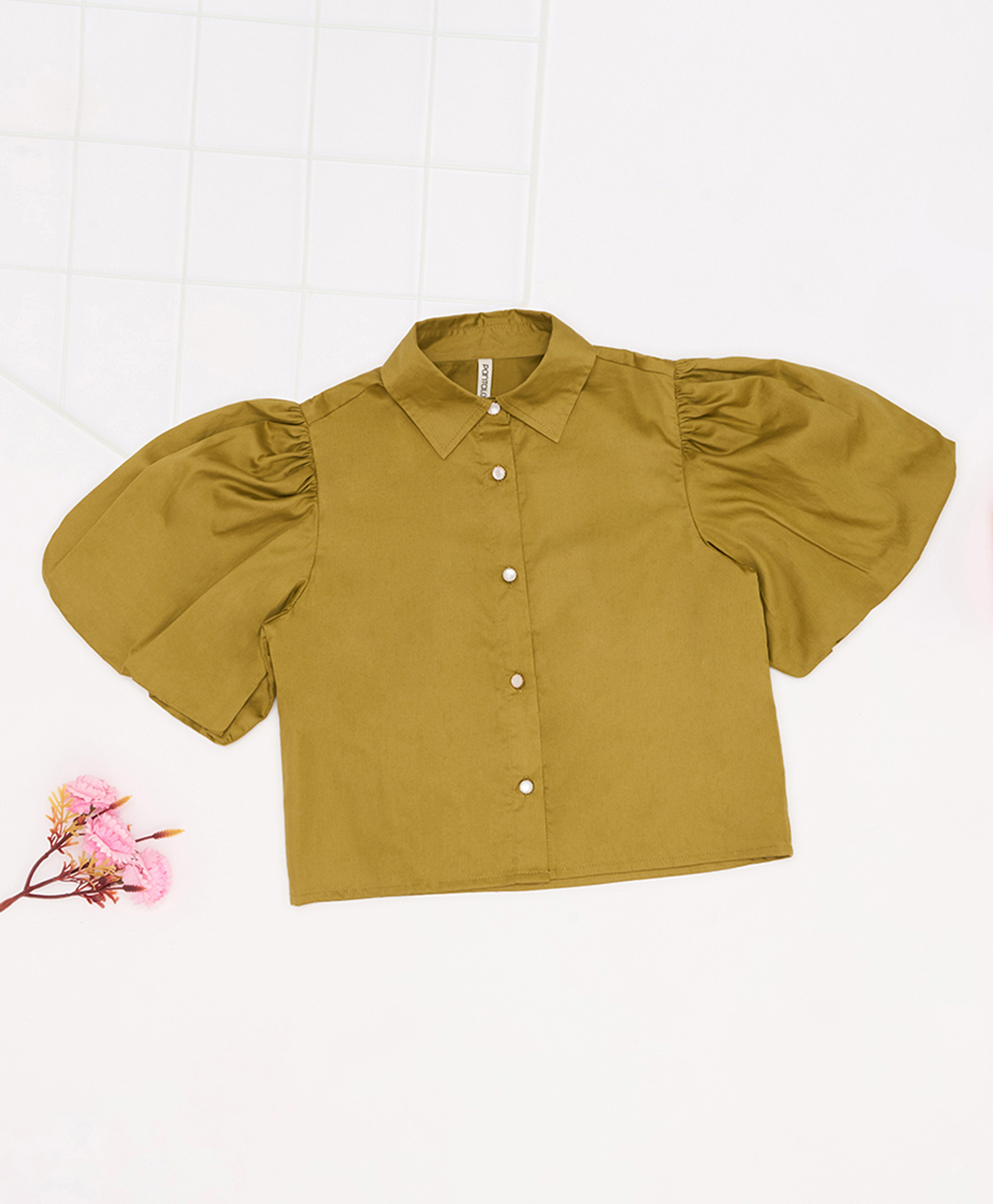 Pantaloons Junior Cotton Woven Half Puffed Sleeves Solid Shirt Style Top - Olive Green-picture-34