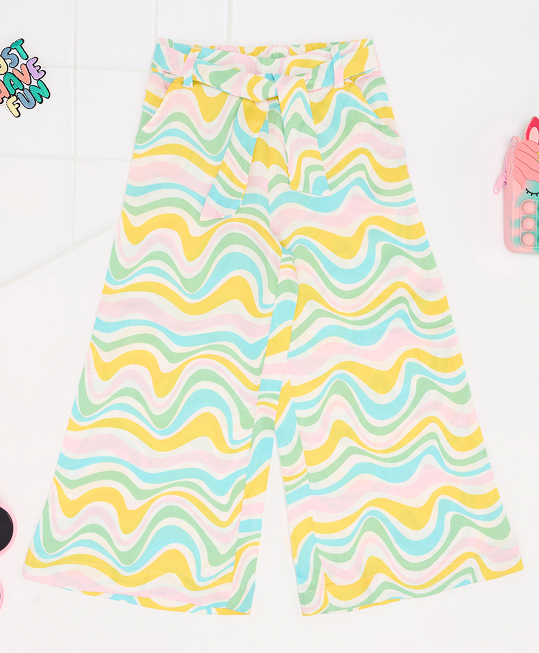 Pantaloons Junior 100% Rayon Woven Waves Printed Palazzo With Belt - Multi Colour-picture-27