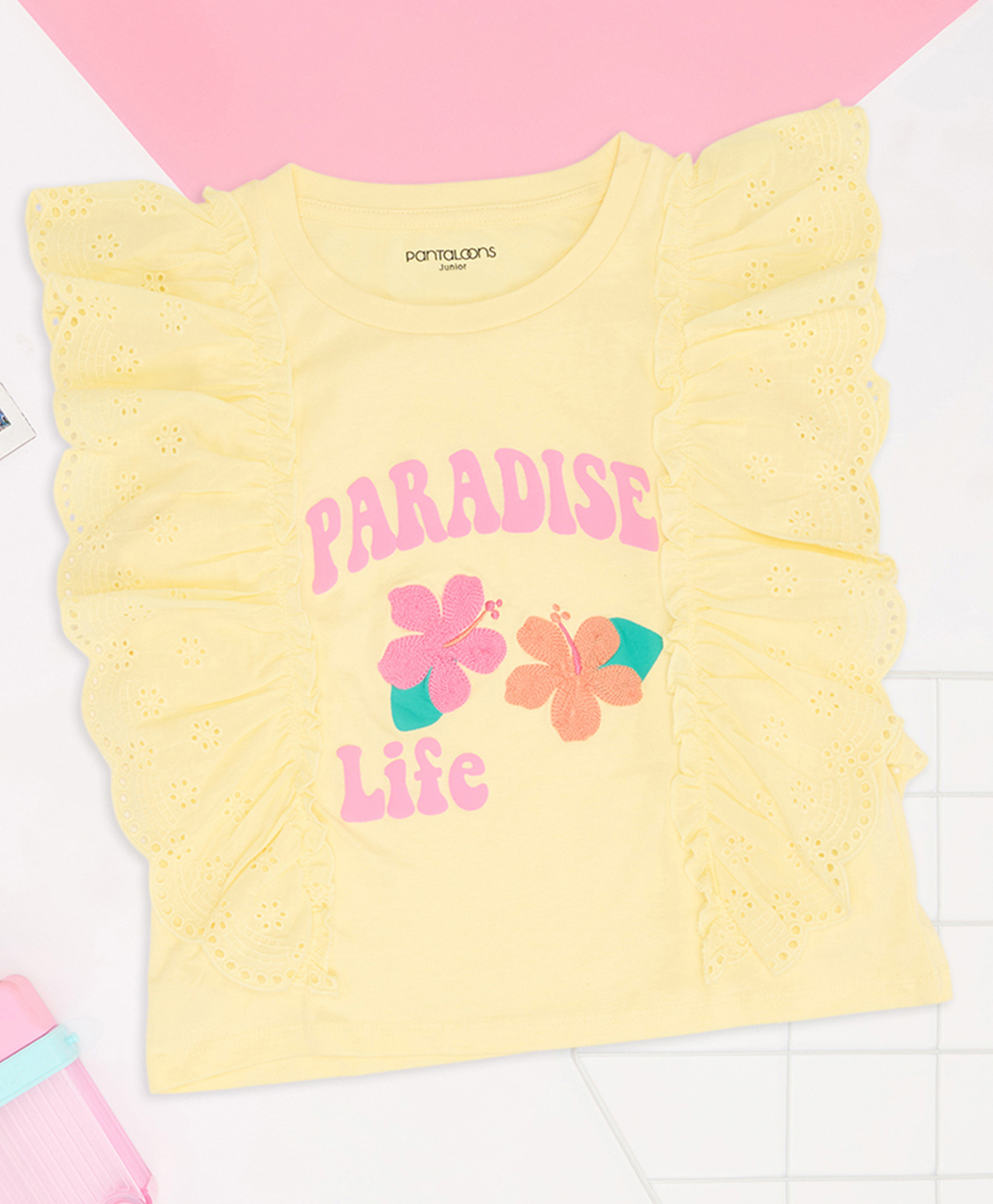 Pantaloons Junior Cotton Knit Sleeveless Frill Detailed Floral & Schiffli Embroidered Top - Yellow-picture-17