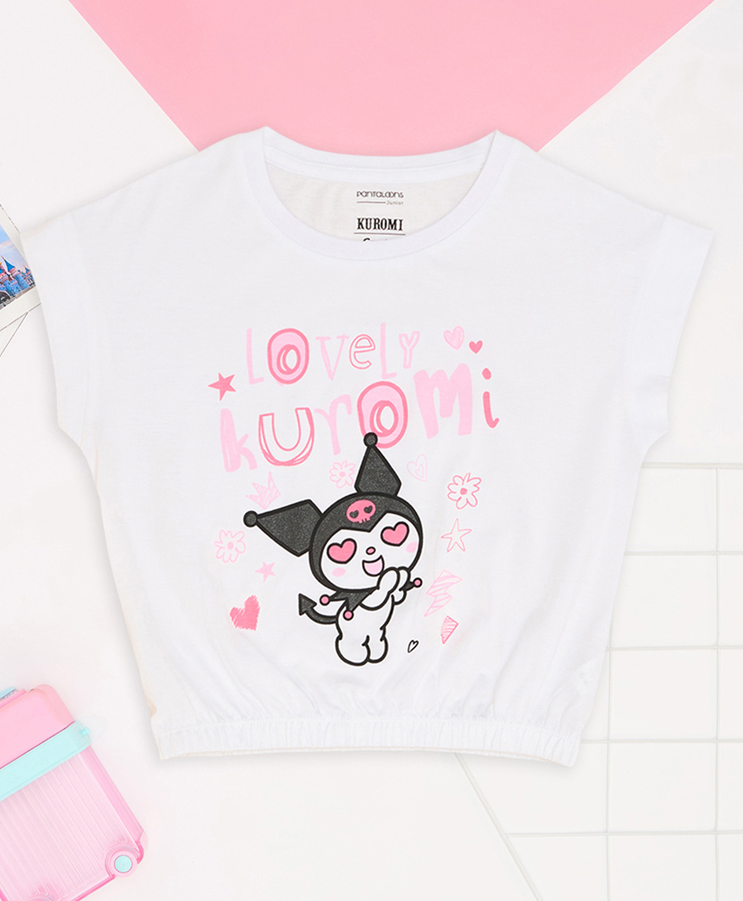 Pantaloons Junior Cotton Knit Kuromi Featuring Half Sleeves Character Printed Top - White-picture-14