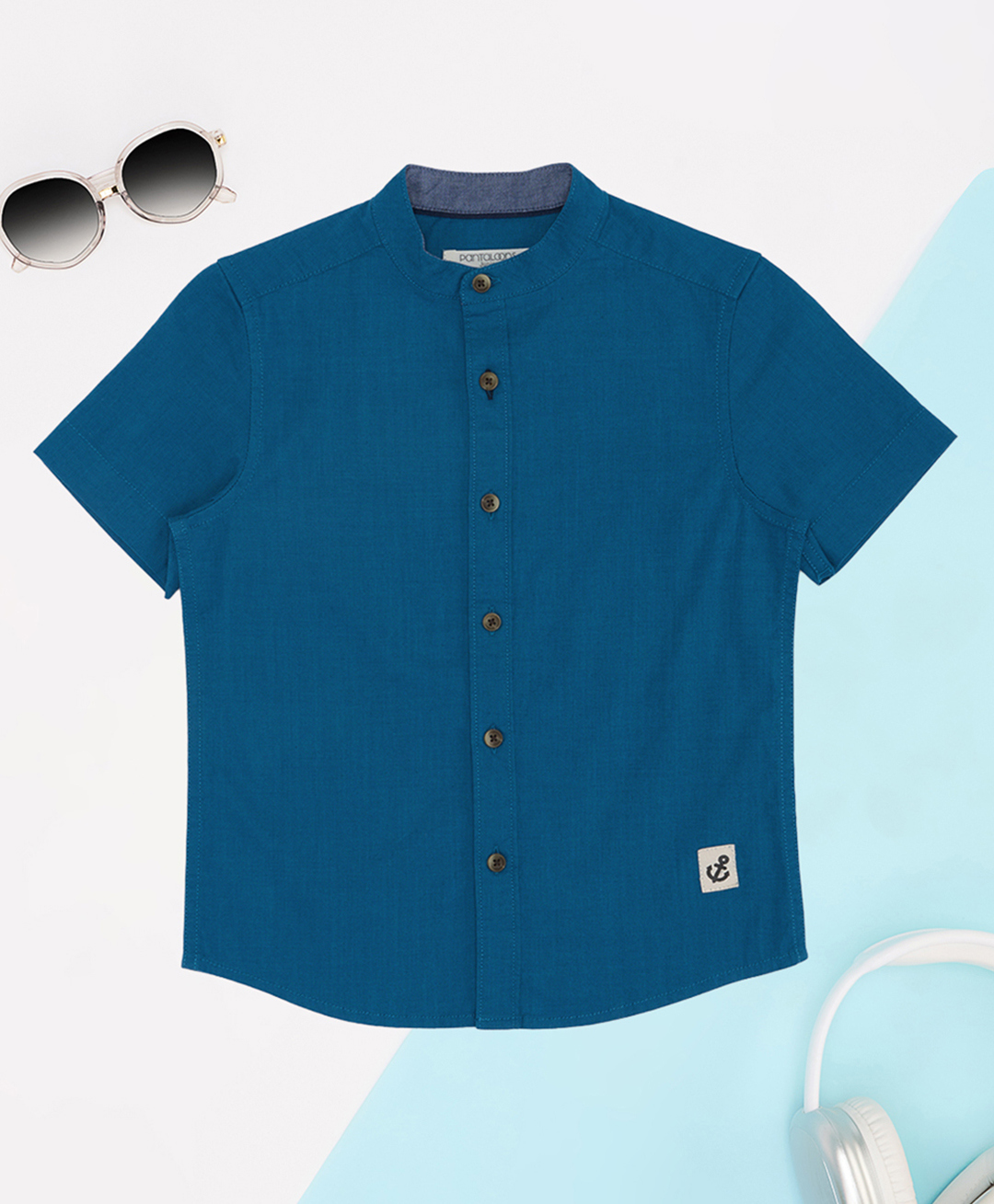 Pantaloons Junior Cotton Flax Woven Half Sleeves Solid Shirt - Teal Blue-picture-33