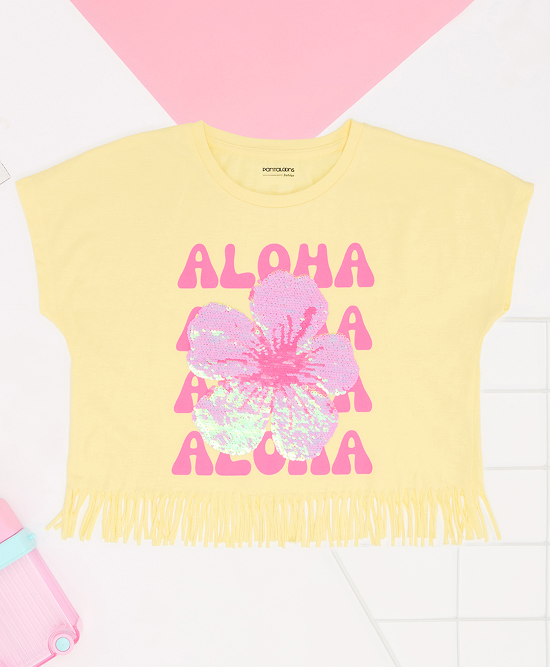Pantaloons Junior 100% Cotton Knit Short Sleeves Sequins Embellished Floral Designed Frayed Crop Top - Yellow-picture-14