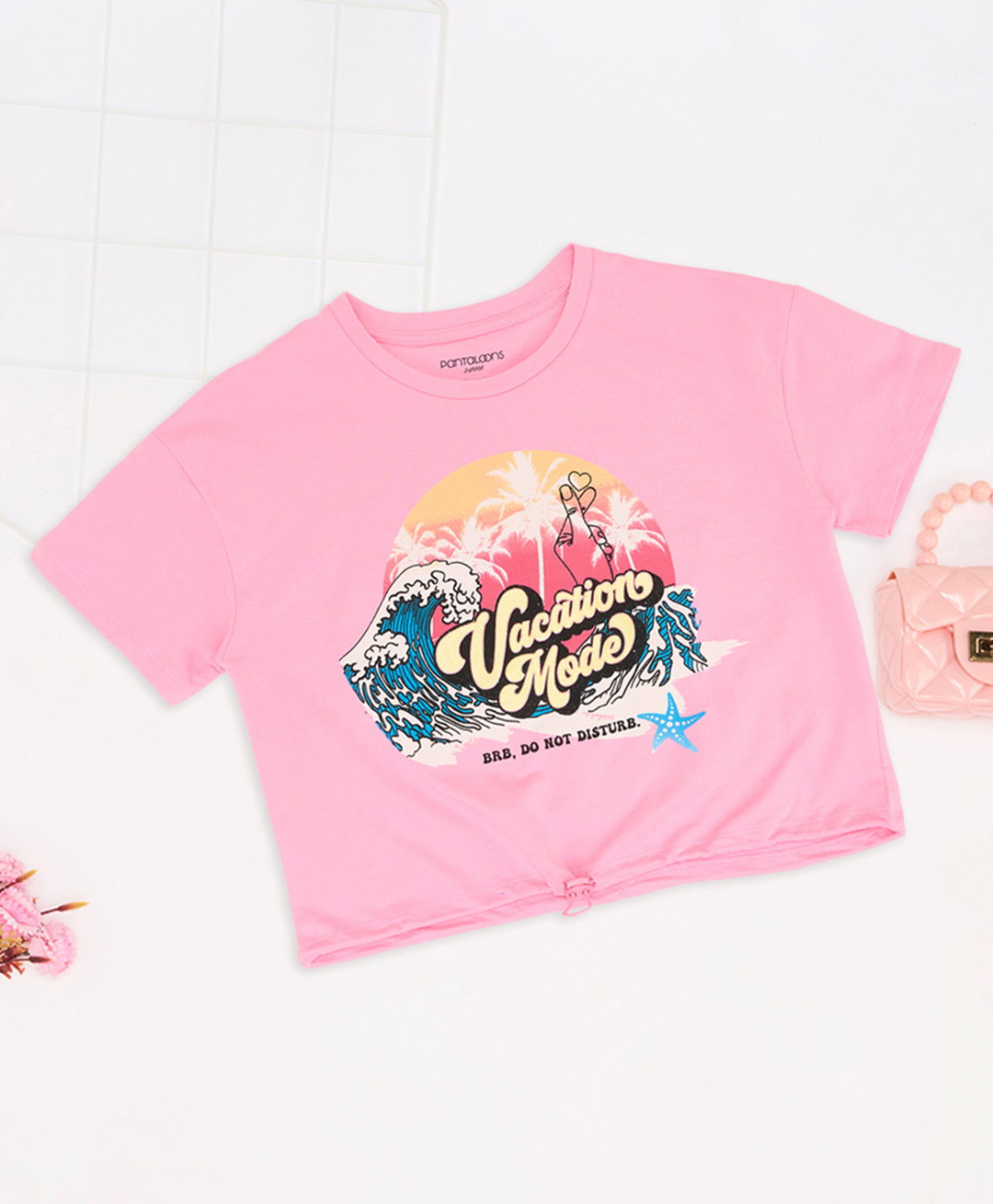 Pantaloons Junior 100% Cotton Knit Half Sleeves Vacation Mode Text Printed Crop Top - Pink-picture-12