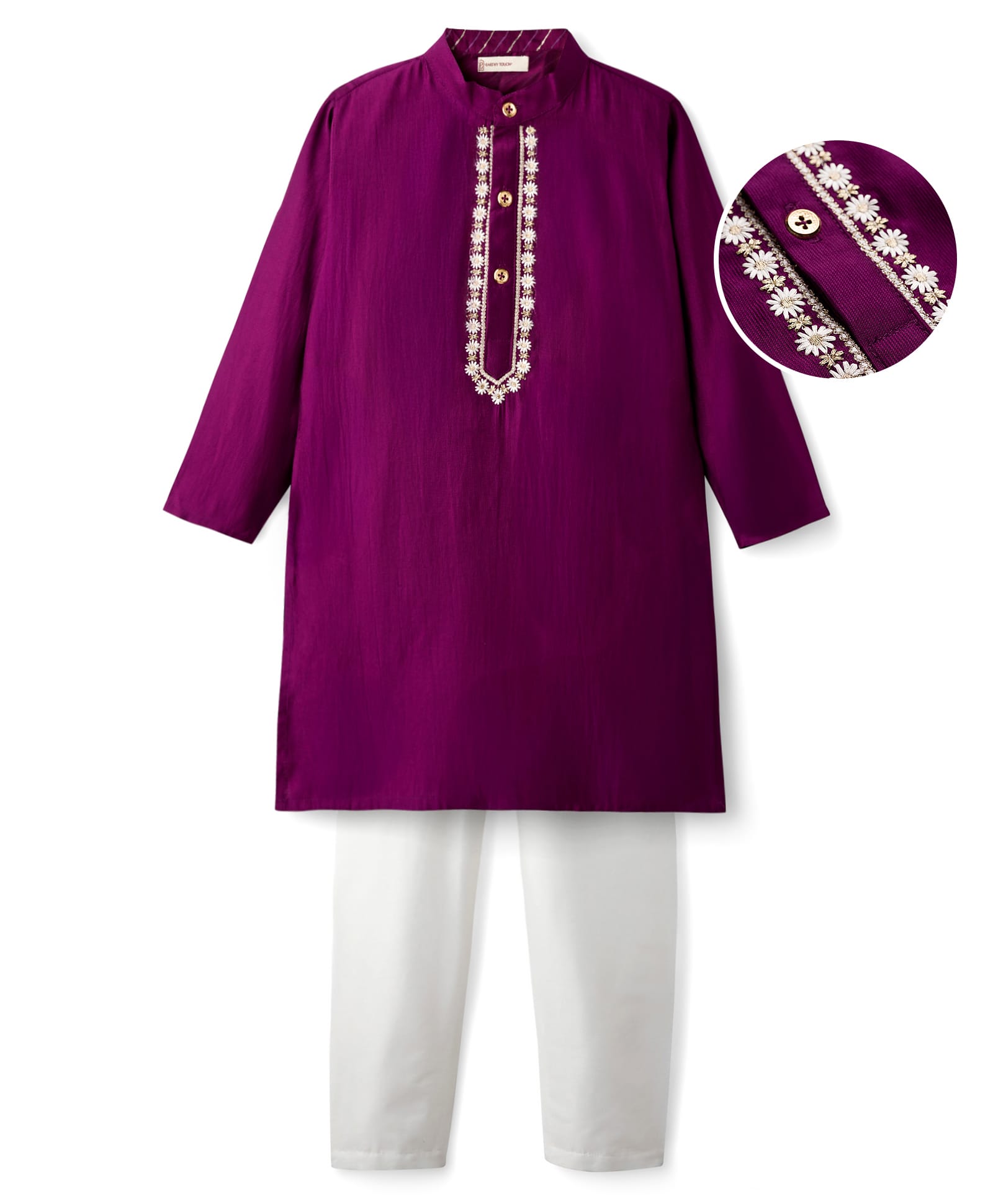 EARTHY TOUCH Viscose Woven Full Sleeves Kurta & Pajama Set with Mandarin Collar & Floral Embroidery - Purple-image-45