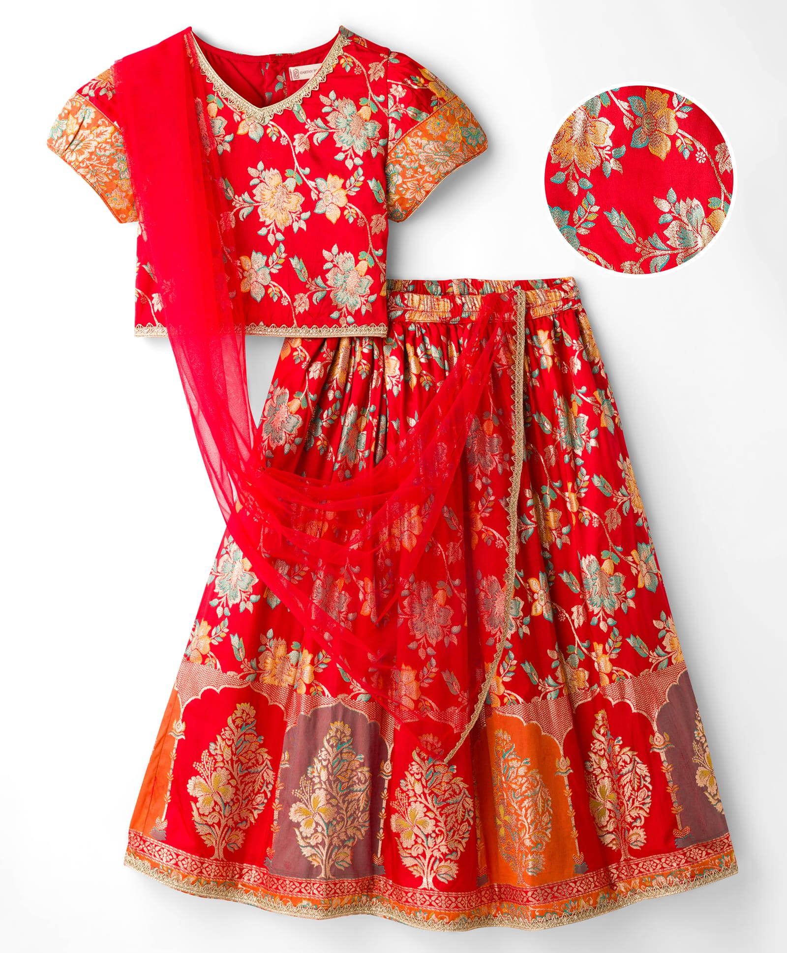 EARTHY TOUCH Woven Half Sleeves Choli Lehenga Set with Dupatta & Floral Glitter Print - Red-image-18